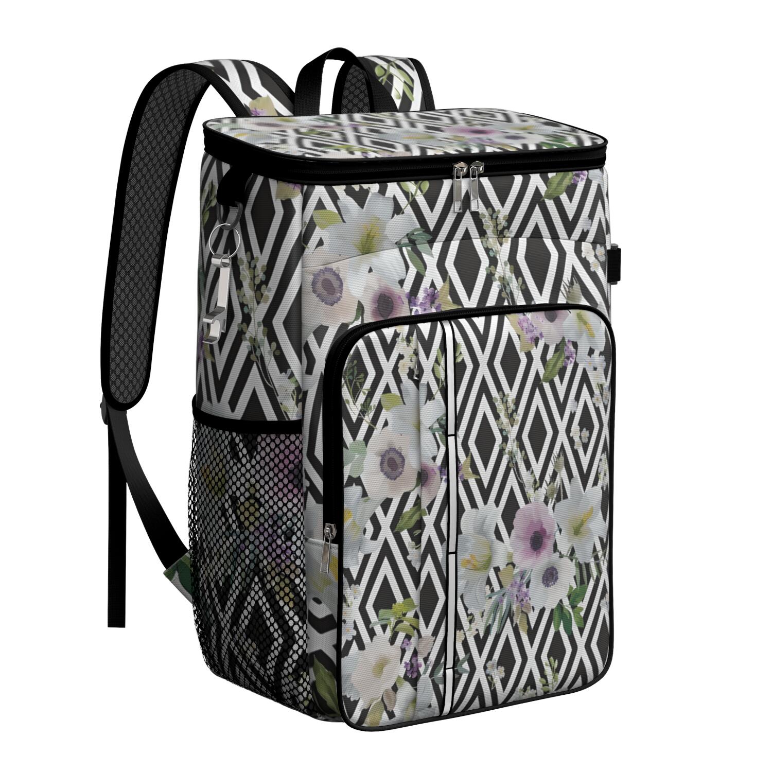 Travel Cooler Bag - Pioneer Flower Floral Print Pattern Camping Beer Cooler Backpack with Bottle Opener- Waterproof Insulated Picnic Backpacks - Cooler Bag for Beach