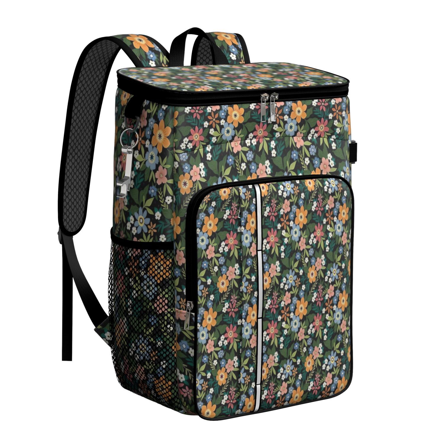 Travel Cooler Bag - Pioneer Flower Floral Print Pattern Camping Beer Cooler Backpack with Bottle Opener- Waterproof Insulated Picnic Backpacks - Cooler Bag for Beach