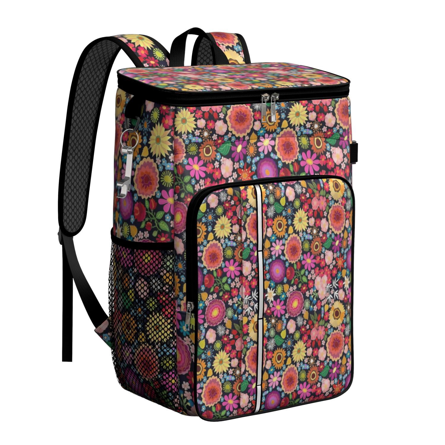 Travel Cooler Bag - Pioneer Flower Floral Print Pattern Camping Beer Cooler Backpack with Bottle Opener- Waterproof Insulated Picnic Backpacks - Cooler Bag for Beach