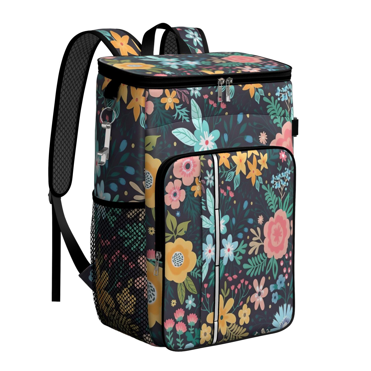 Travel Cooler Bag - Pioneer Flower Floral Print Pattern Camping Beer Cooler Backpack with Bottle Opener- Waterproof Insulated Picnic Backpacks - Cooler Bag for Beach