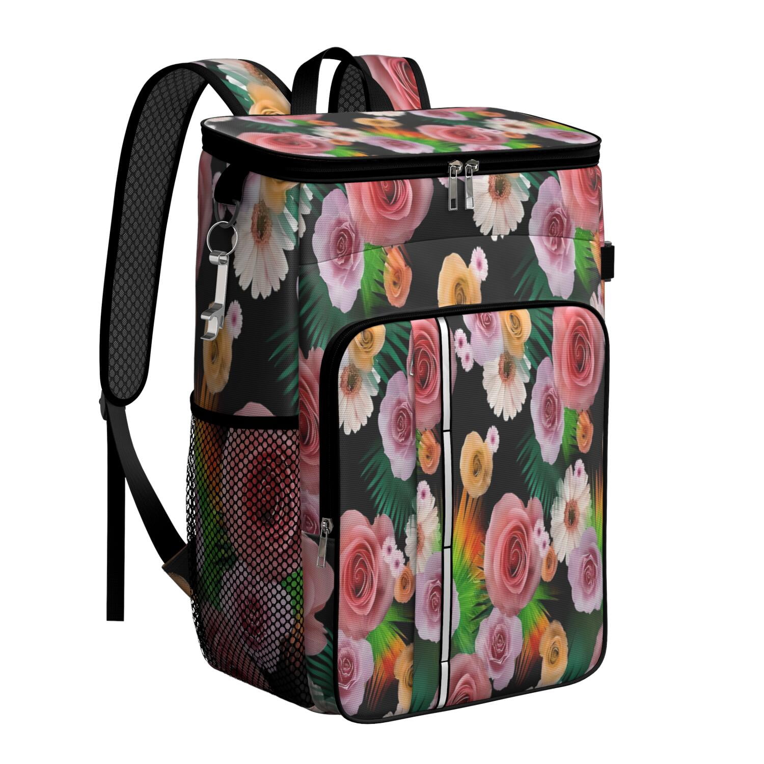 Travel Cooler Bag - Pioneer Flower Floral Print Pattern Camping Beer Cooler Backpack with Bottle Opener- Waterproof Insulated Picnic Backpacks - Cooler Bag for Beach