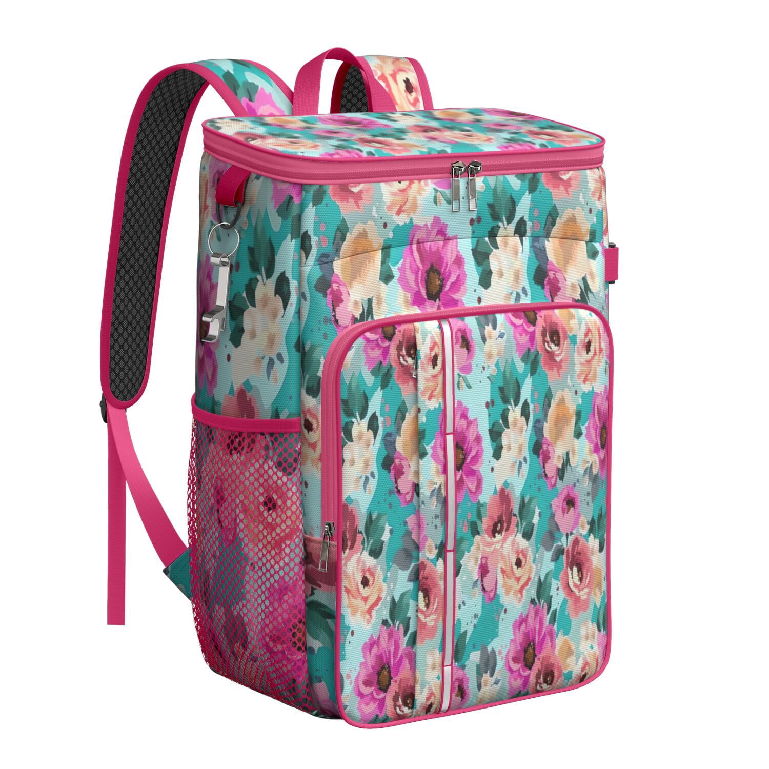 Travel Cooler Bag - Pioneer Flower Floral Print Pattern Camping Beer Cooler Backpack with Bottle Opener- Waterproof Insulated Picnic Backpacks - Cooler Bag for Beach