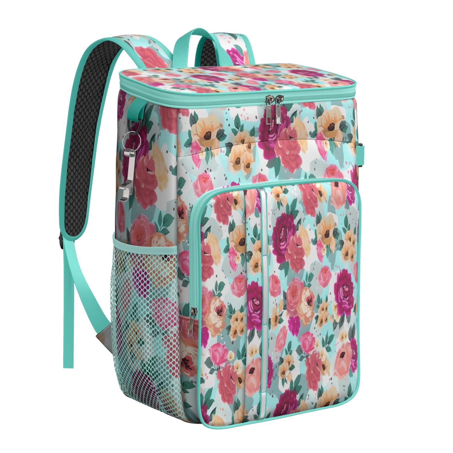 Travel Cooler Bag - Pioneer Flower Floral Print Pattern Camping Beer Cooler Backpack with Bottle Opener- Waterproof Insulated Picnic Backpacks - Cooler Bag for Beach
