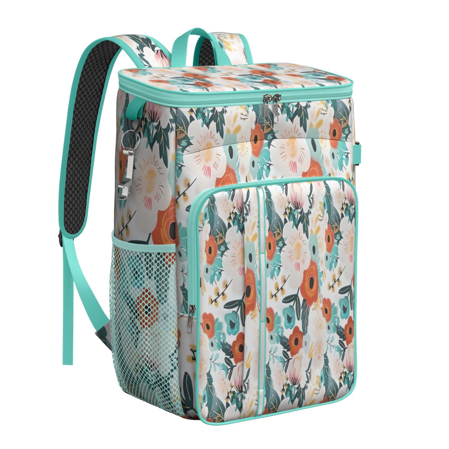Travel Cooler Bag - Pioneer Flower Floral Print Pattern Camping Beer Cooler Backpack with Bottle Opener- Waterproof Insulated Picnic Backpacks - Cooler Bag for Beach