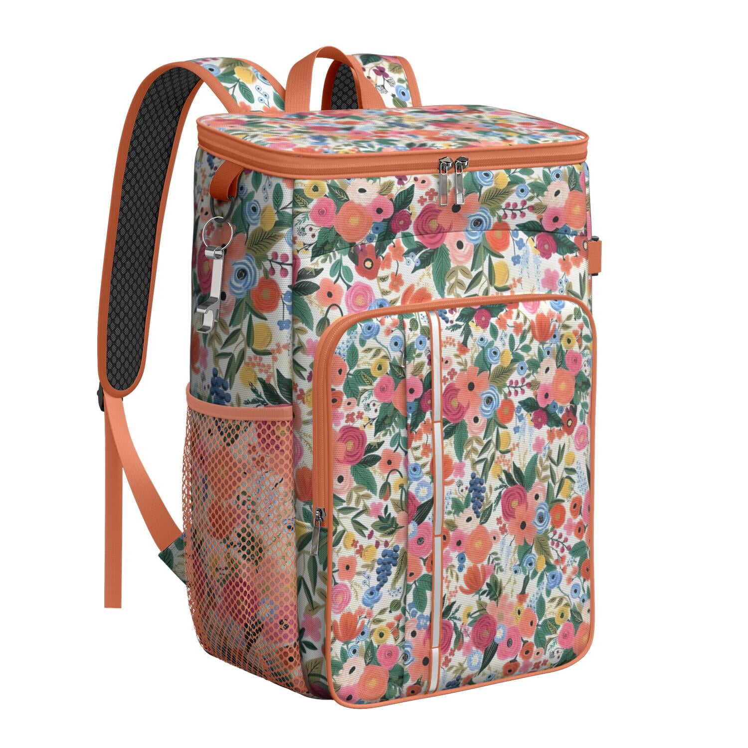 Travel Cooler Bag - Pioneer Flower Floral Print Pattern Camping Beer Cooler Backpack with Bottle Opener- Waterproof Insulated Picnic Backpacks - Cooler Bag for Beach