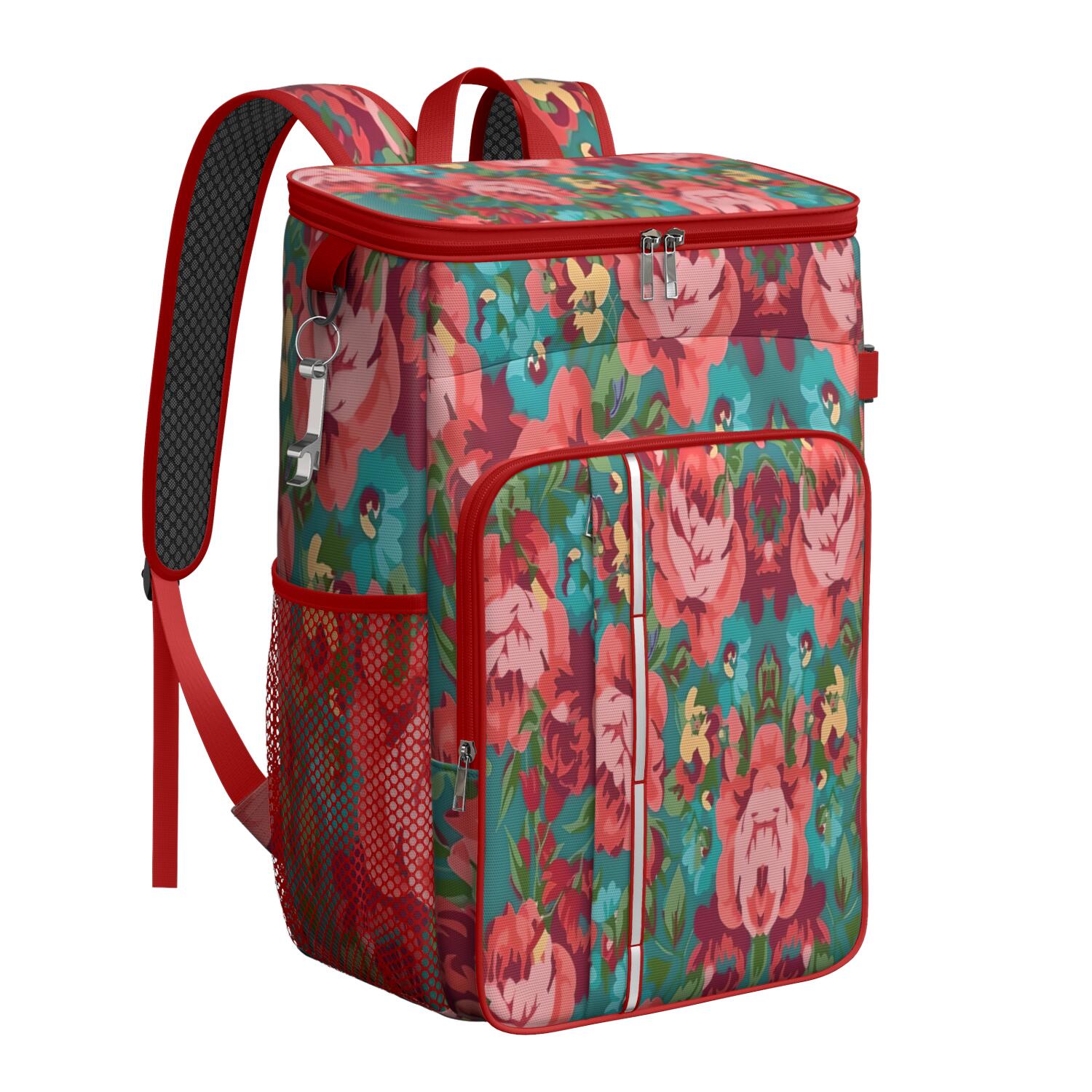 Travel Cooler Bag - Pioneer Flower Floral Print Pattern Camping Beer Cooler Backpack with Bottle Opener- Waterproof Insulated Picnic Backpacks - Cooler Bag for Beach