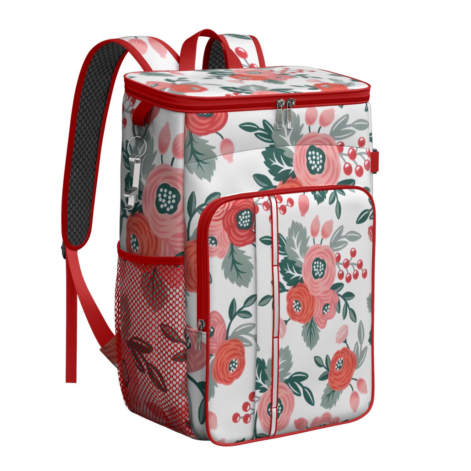 Travel Cooler Bag - Pioneer Flower Floral Print Pattern Camping Beer Cooler Backpack with Bottle Opener- Waterproof Insulated Picnic Backpacks - Cooler Bag for Beach