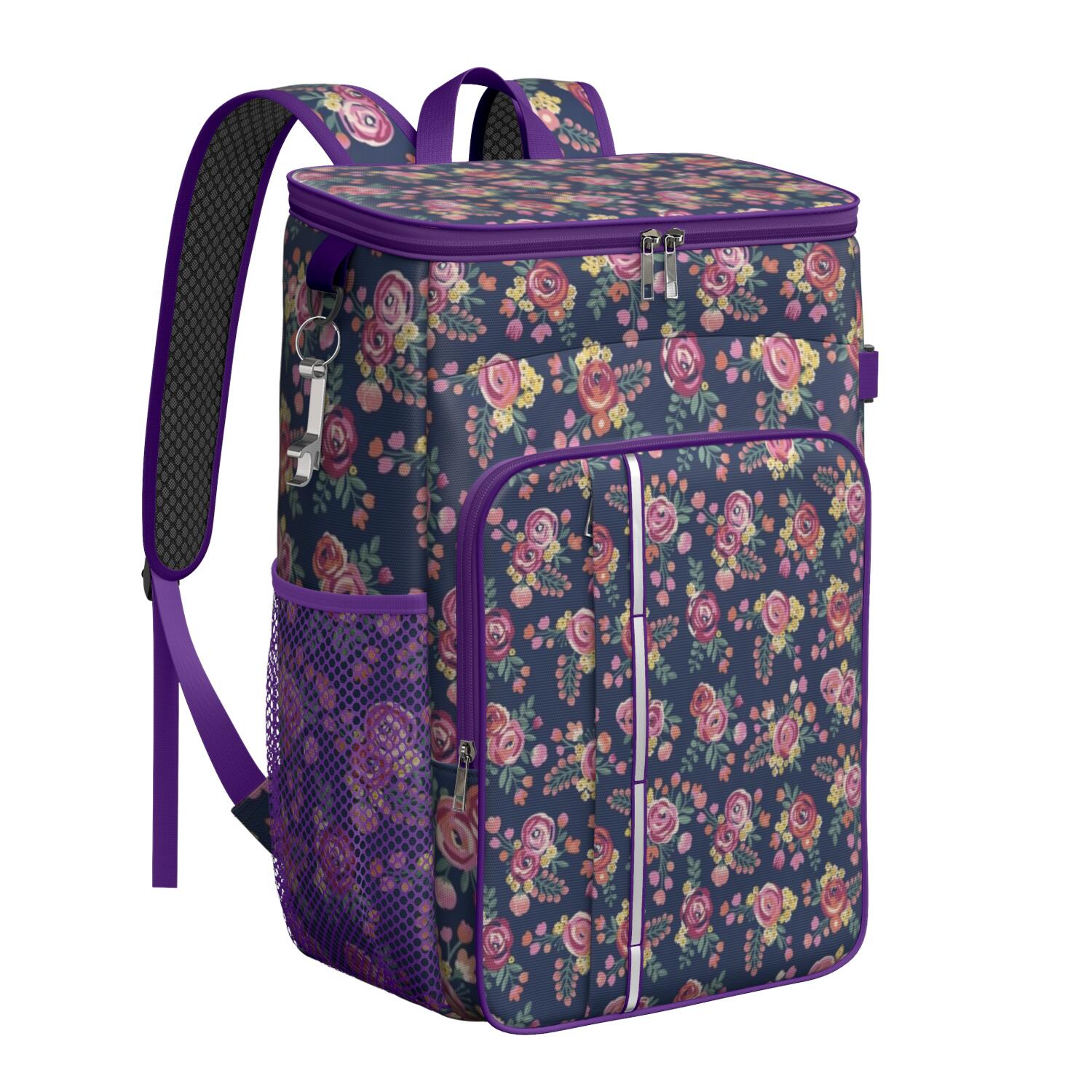 Travel Cooler Bag - Pioneer Flower Floral Print Pattern Camping Beer Cooler Backpack with Bottle Opener- Waterproof Insulated Picnic Backpacks - Cooler Bag for Beach