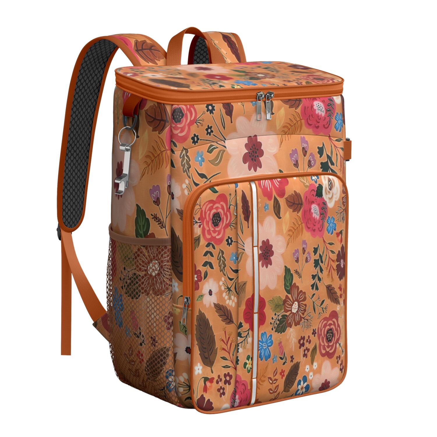 Travel Cooler Bag - Pioneer Flower Floral Print Pattern Camping Beer Cooler Backpack with Bottle Opener- Waterproof Insulated Picnic Backpacks - Cooler Bag for Beach