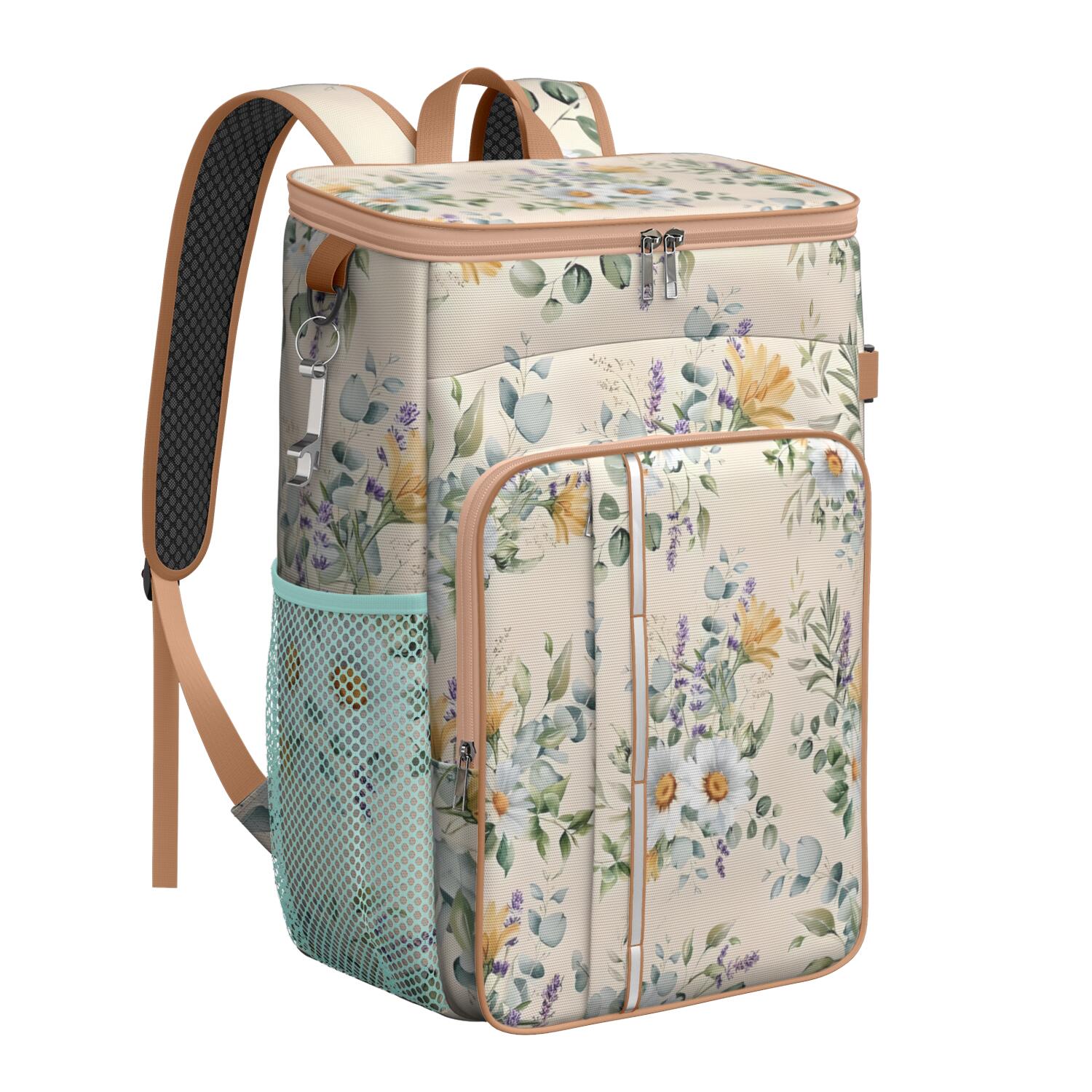 Travel Cooler Bag - Pioneer Flower Floral Print Pattern Camping Beer Cooler Backpack with Bottle Opener- Waterproof Insulated Picnic Backpacks - Cooler Bag for Beach