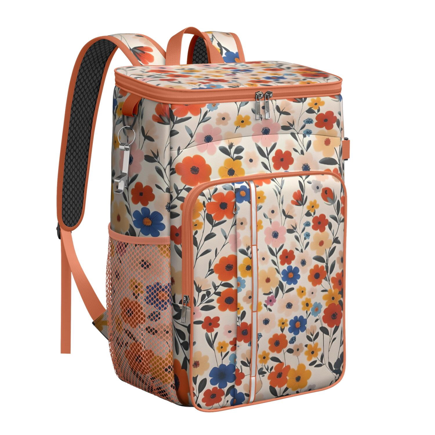 Travel Cooler Bag - Pioneer Flower Floral Print Pattern Camping Beer Cooler Backpack with Bottle Opener- Waterproof Insulated Picnic Backpacks - Cooler Bag for Beach