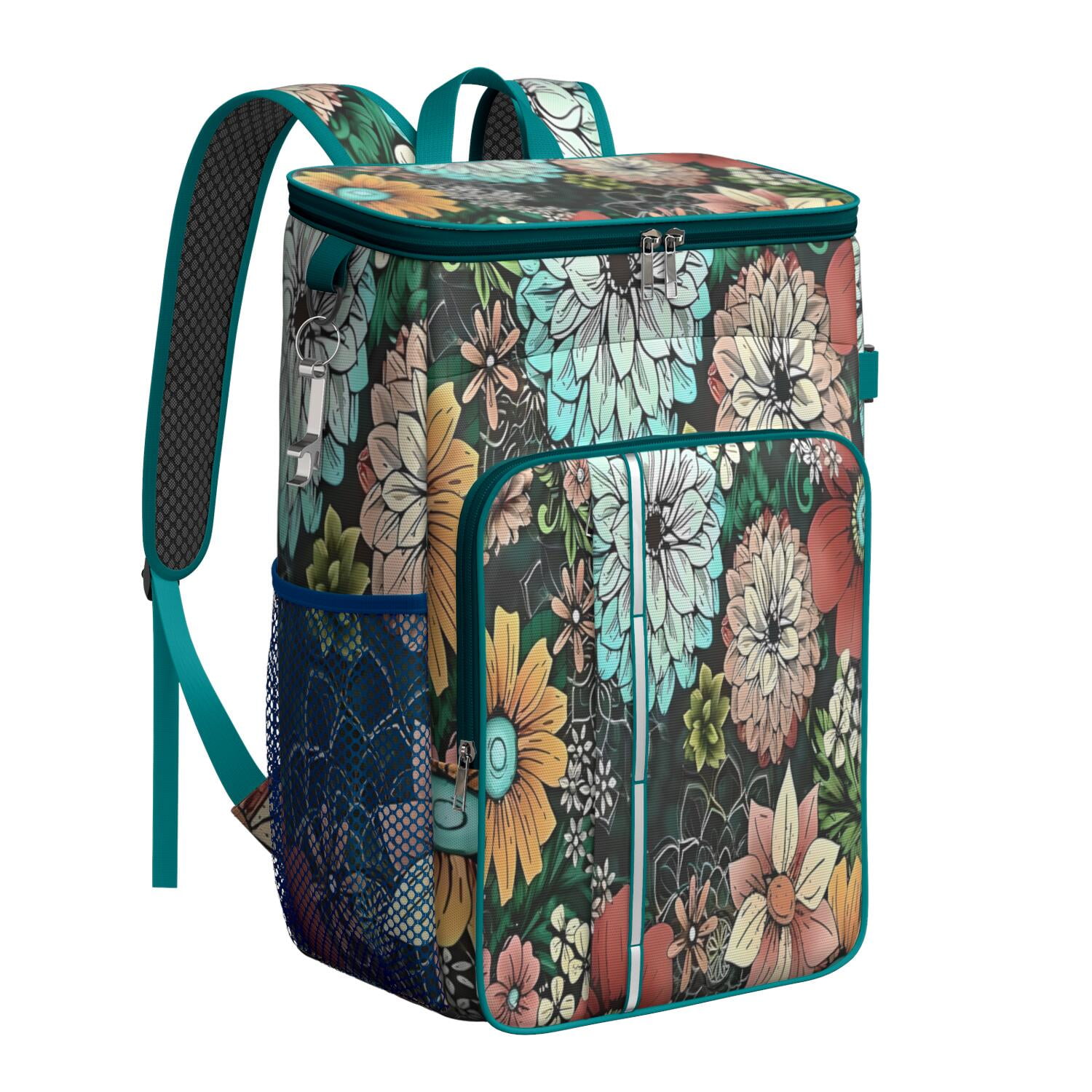 Travel Cooler Bag - Pioneer Flower Floral Print Pattern Camping Beer Cooler Backpack with Bottle Opener- Waterproof Insulated Picnic Backpacks - Cooler Bag for Beach