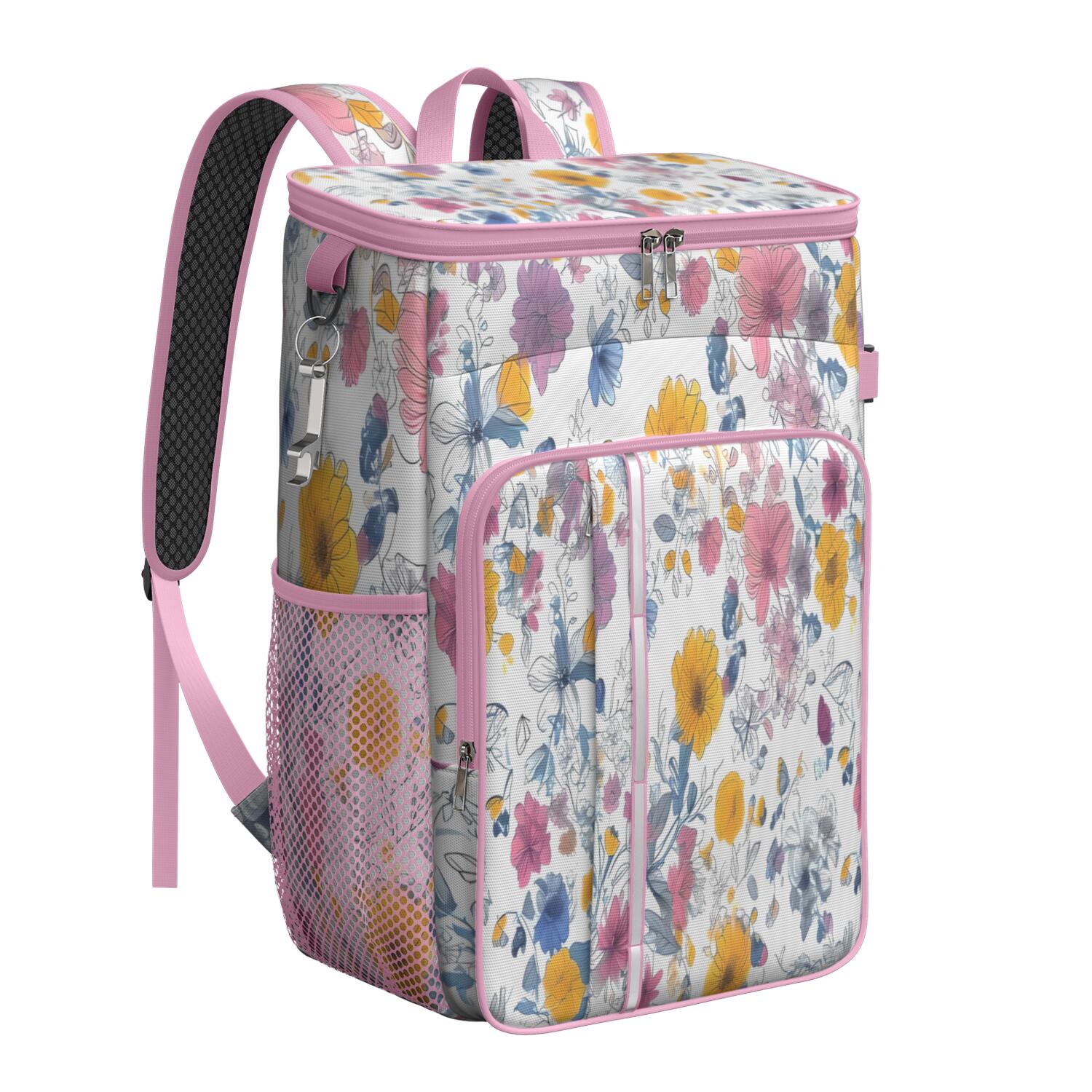 Travel Cooler Bag - Pioneer Flower Floral Print Pattern Camping Beer Cooler Backpack with Bottle Opener- Waterproof Insulated Picnic Backpacks - Cooler Bag for Beach
