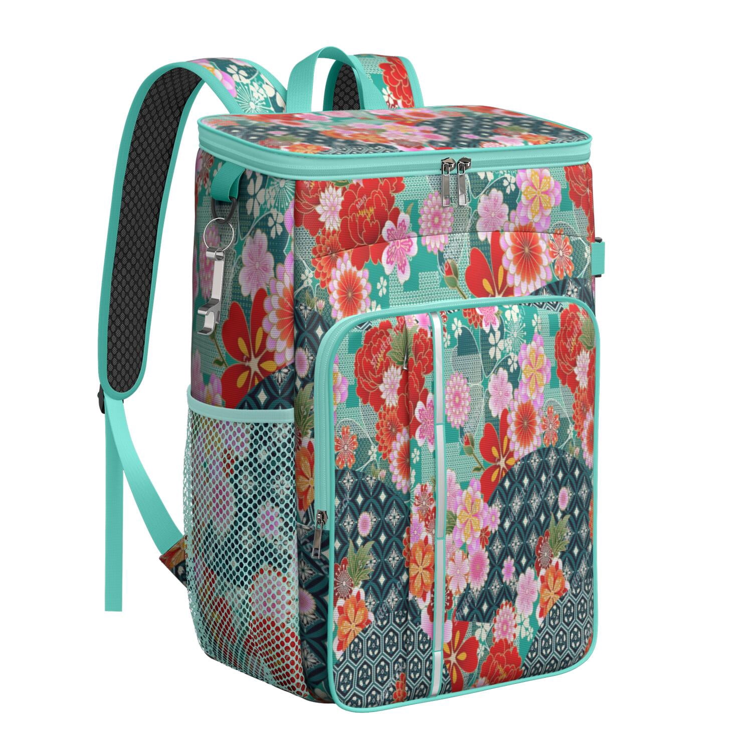Travel Cooler Bag - Pioneer Flower Floral Print Pattern Camping Beer Cooler Backpack with Bottle Opener- Waterproof Insulated Picnic Backpacks - Cooler Bag for Beach