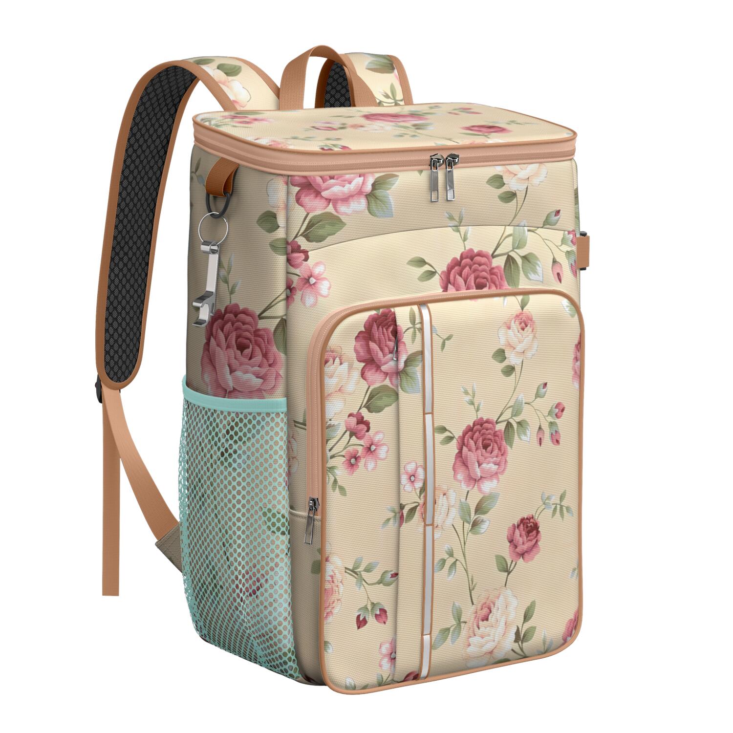 Travel Cooler Bag - Pioneer Flower Floral Print Pattern Camping Beer Cooler Backpack with Bottle Opener- Waterproof Insulated Picnic Backpacks - Cooler Bag for Beach