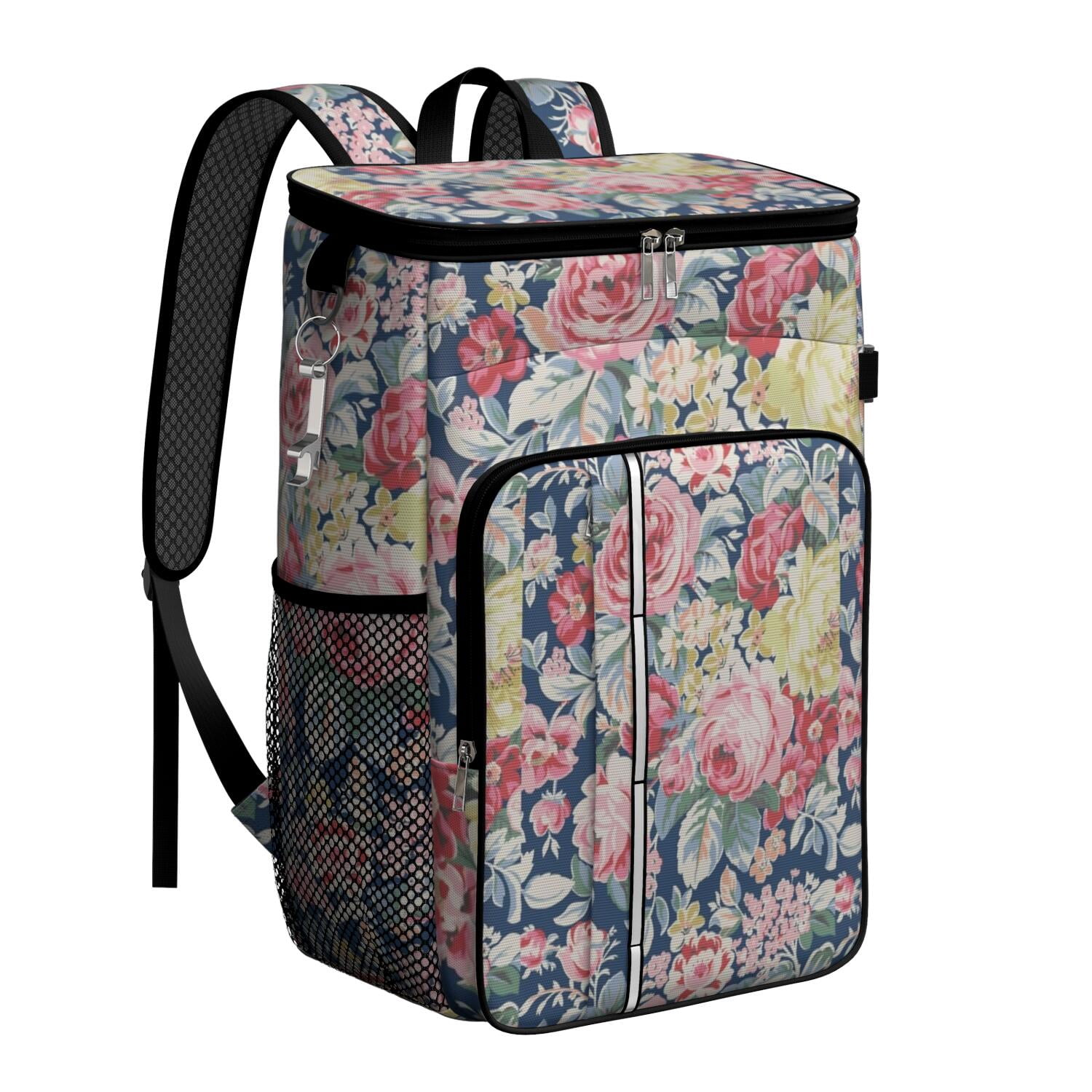 Travel Cooler Bag - Pioneer Flower Floral Print Pattern Camping Beer Cooler Backpack with Bottle Opener- Waterproof Insulated Picnic Backpacks - Cooler Bag for Beach