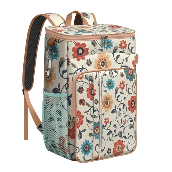 Travel Cooler Bag - Pioneer Flower Floral Print Pattern Camping Beer Cooler Backpack with Bottle Opener- Waterproof Insulated Picnic Backpacks - Cooler Bag for Beach