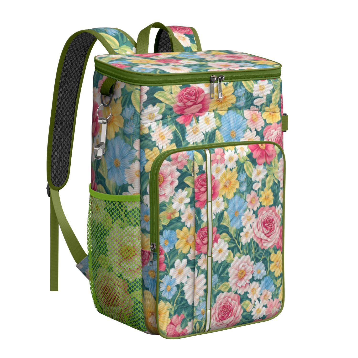 Travel Cooler Bag - Pioneer Flower Floral Print Pattern Camping Beer Cooler Backpack with Bottle Opener- Waterproof Insulated Picnic Backpacks - Cooler Bag for Beach