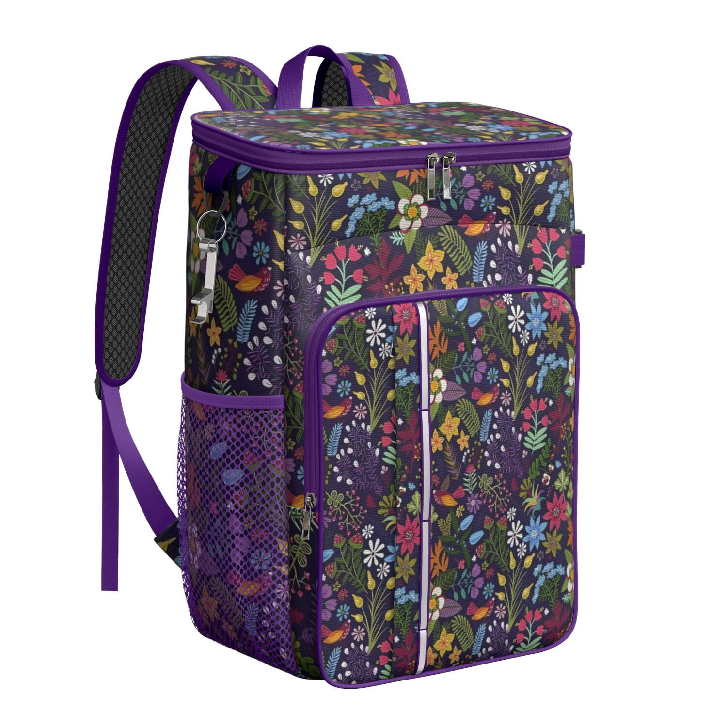 Travel Cooler Bag - Pioneer Flower Floral Print Pattern Camping Beer Cooler Backpack with Bottle Opener- Waterproof Insulated Picnic Backpacks - Cooler Bag for Beach