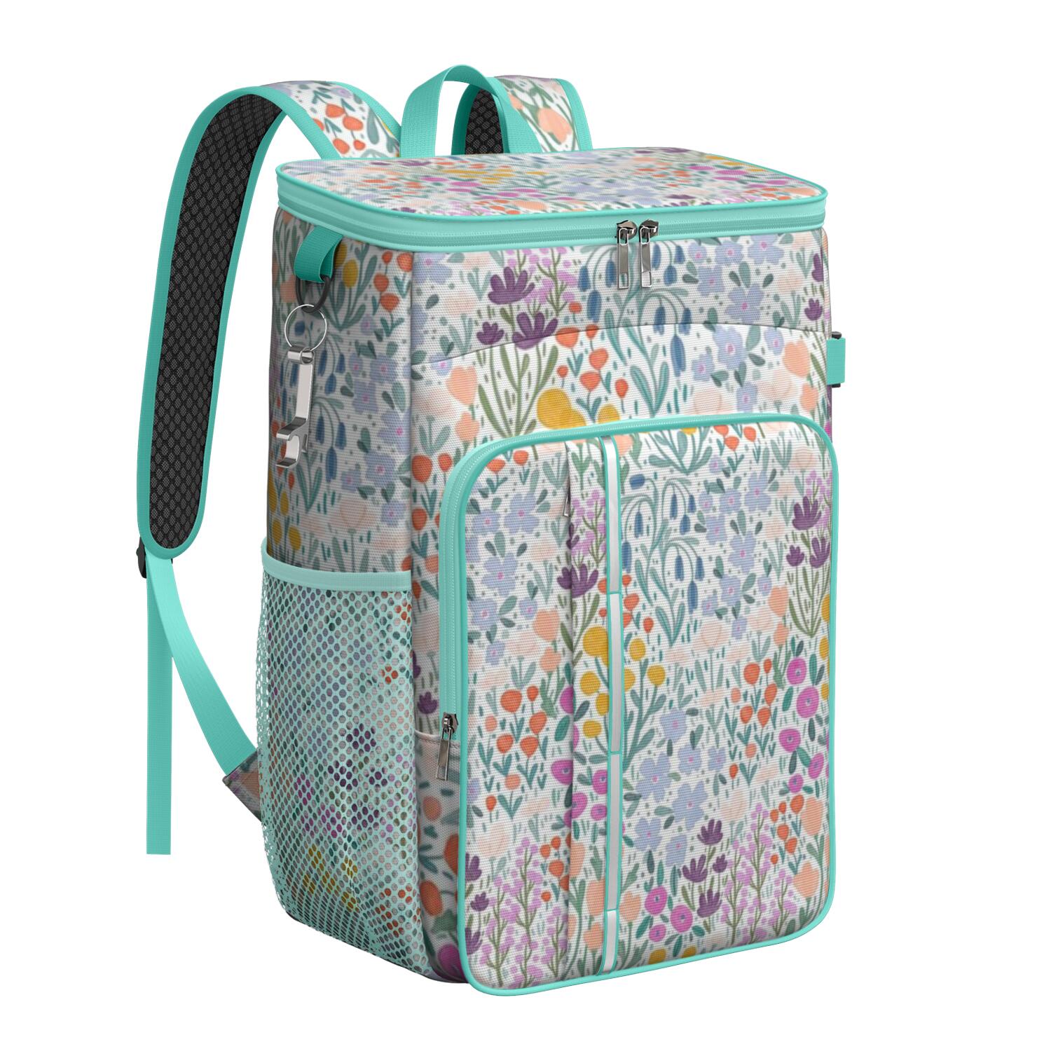 Travel Cooler Bag - Pioneer Flower Floral Print Pattern Camping Beer Cooler Backpack with Bottle Opener- Waterproof Insulated Picnic Backpacks - Cooler Bag for Beach