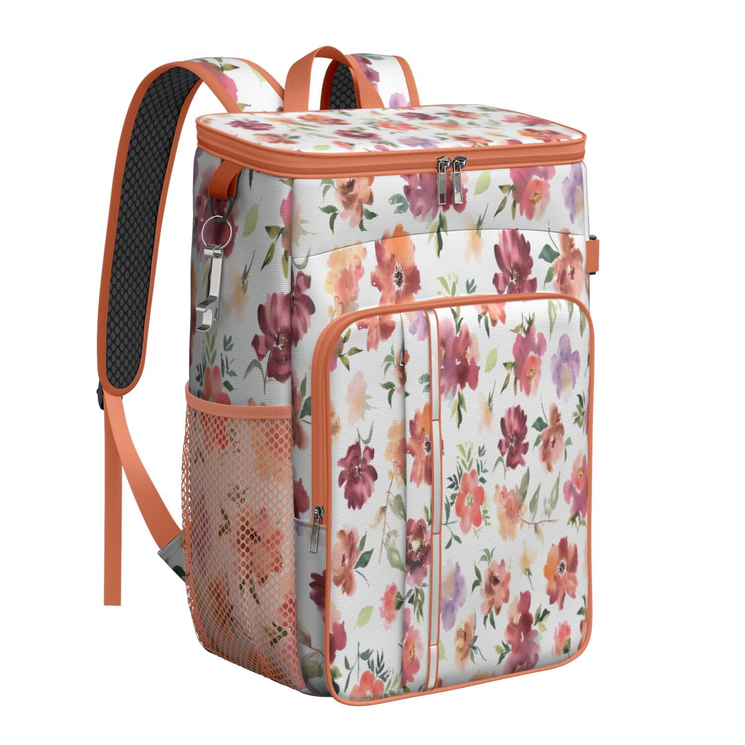 Travel Cooler Bag - Pioneer Flower Floral Print Pattern Camping Beer Cooler Backpack with Bottle Opener- Waterproof Insulated Picnic Backpacks - Cooler Bag for Beach