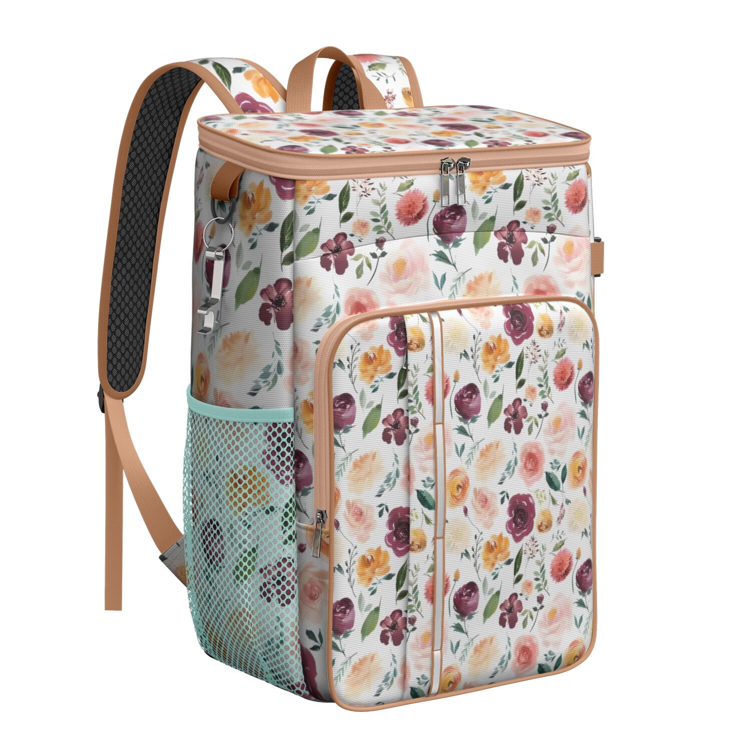 Travel Cooler Bag - Pioneer Flower Floral Print Pattern Camping Beer Cooler Backpack with Bottle Opener- Waterproof Insulated Picnic Backpacks - Cooler Bag for Beach