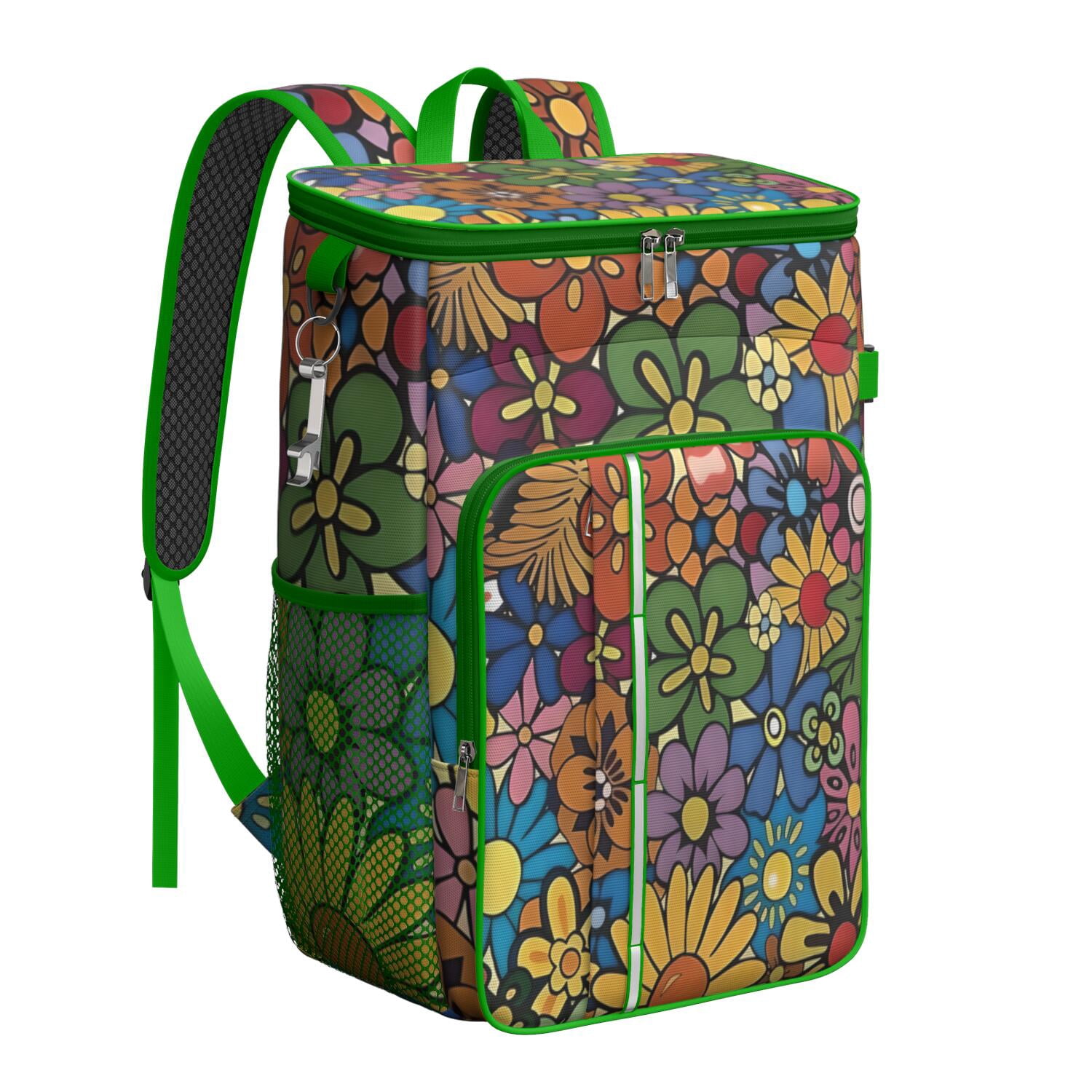 Travel Cooler Bag - Pioneer Flower Floral Print Pattern Camping Beer Cooler Backpack with Bottle Opener- Waterproof Insulated Picnic Backpacks - Cooler Bag for Beach