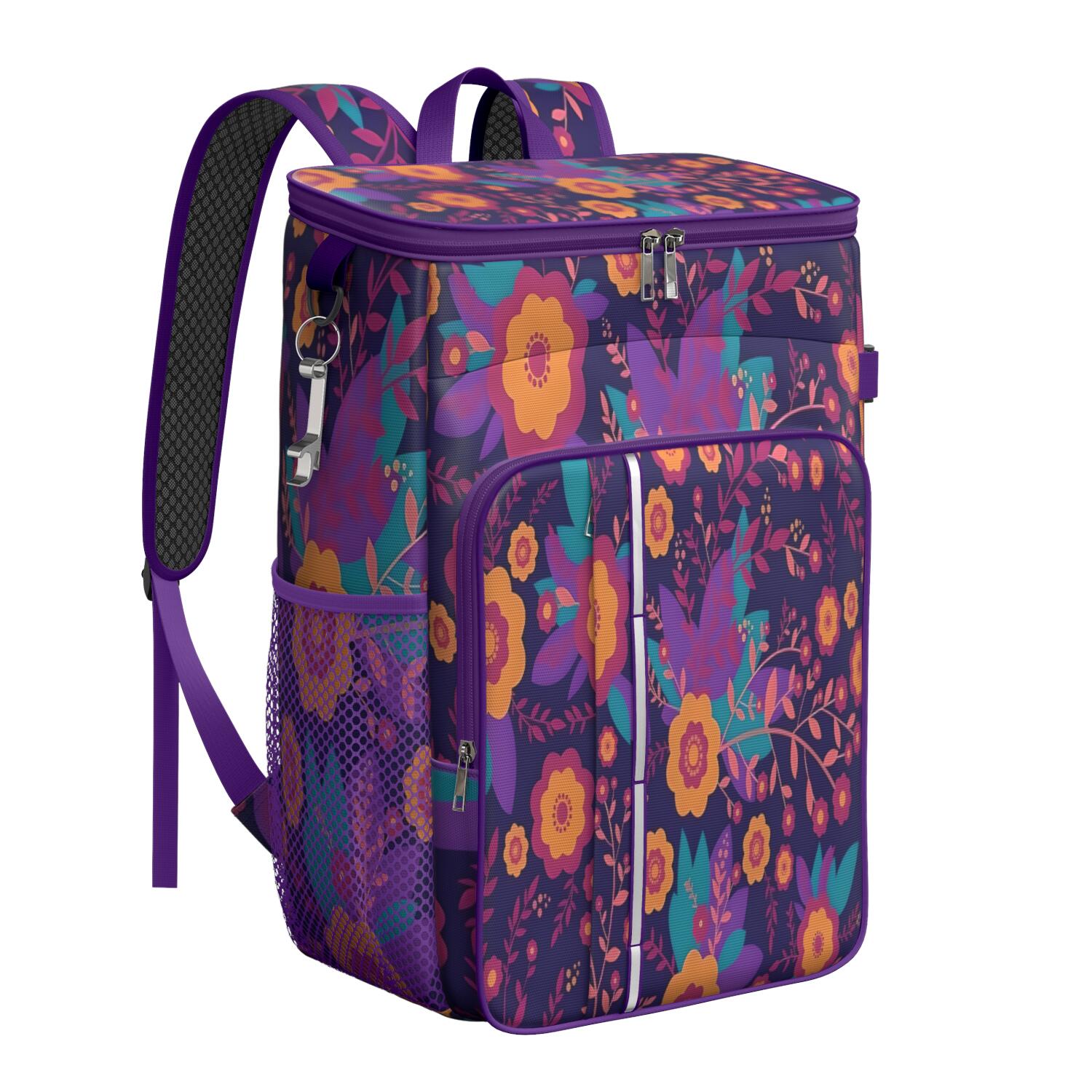 Travel Cooler Bag - Pioneer Flower Floral Print Pattern Camping Beer Cooler Backpack with Bottle Opener- Waterproof Insulated Picnic Backpacks - Cooler Bag for Beach