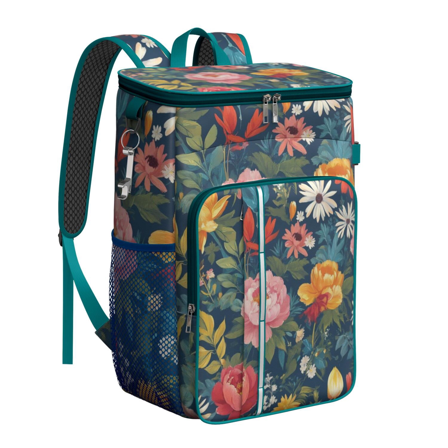 Travel Cooler Bag - Pioneer Flower Floral Print Pattern Camping Beer Cooler Backpack with Bottle Opener- Waterproof Insulated Picnic Backpacks - Cooler Bag for Beach