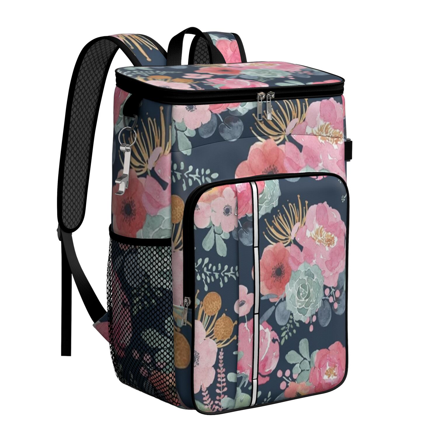 Travel Cooler Bag - Pioneer Flower Floral Print Pattern Camping Beer Cooler Backpack with Bottle Opener- Waterproof Insulated Picnic Backpacks - Cooler Bag for Beach