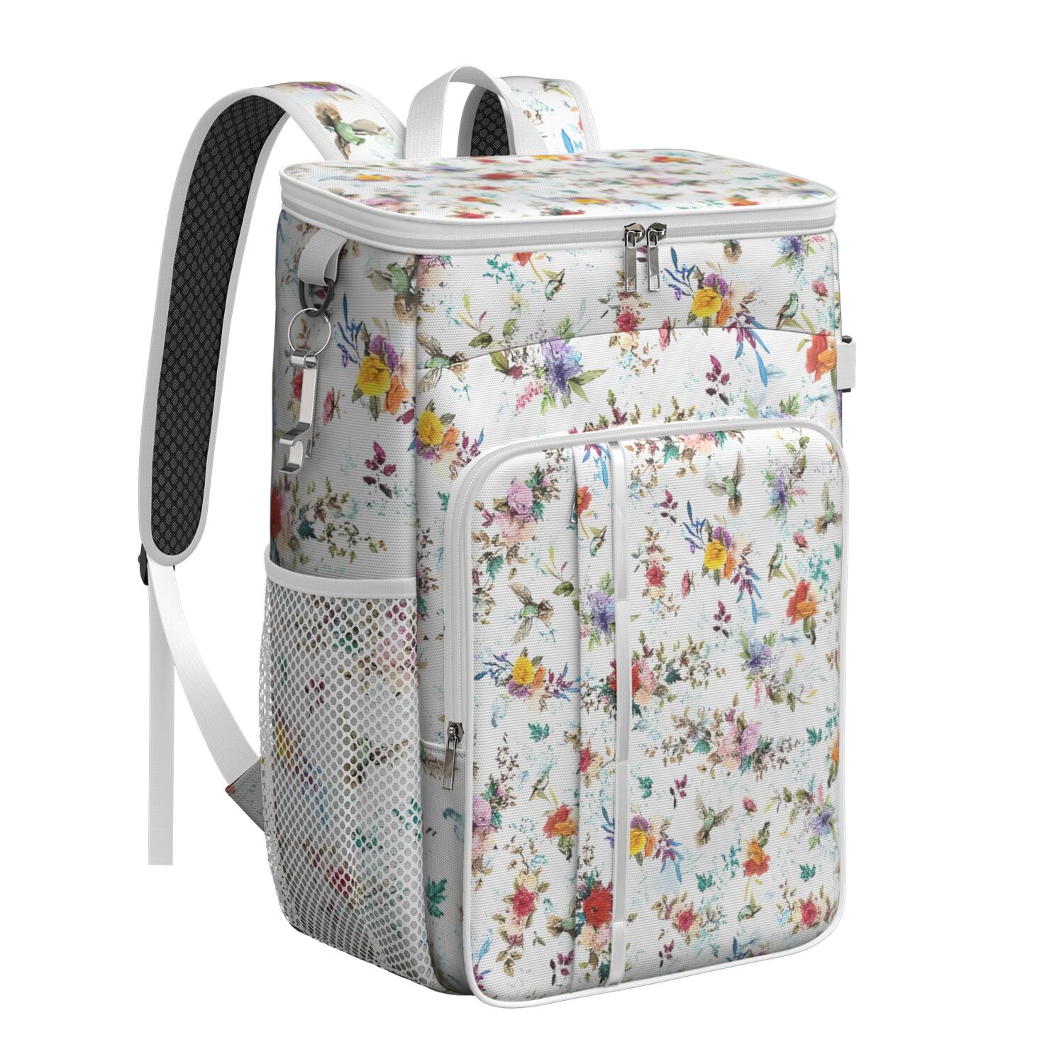 Travel Cooler Bag - Pioneer Flower Floral Print Pattern Camping Beer Cooler Backpack with Bottle Opener- Waterproof Insulated Picnic Backpacks - Cooler Bag for Beach