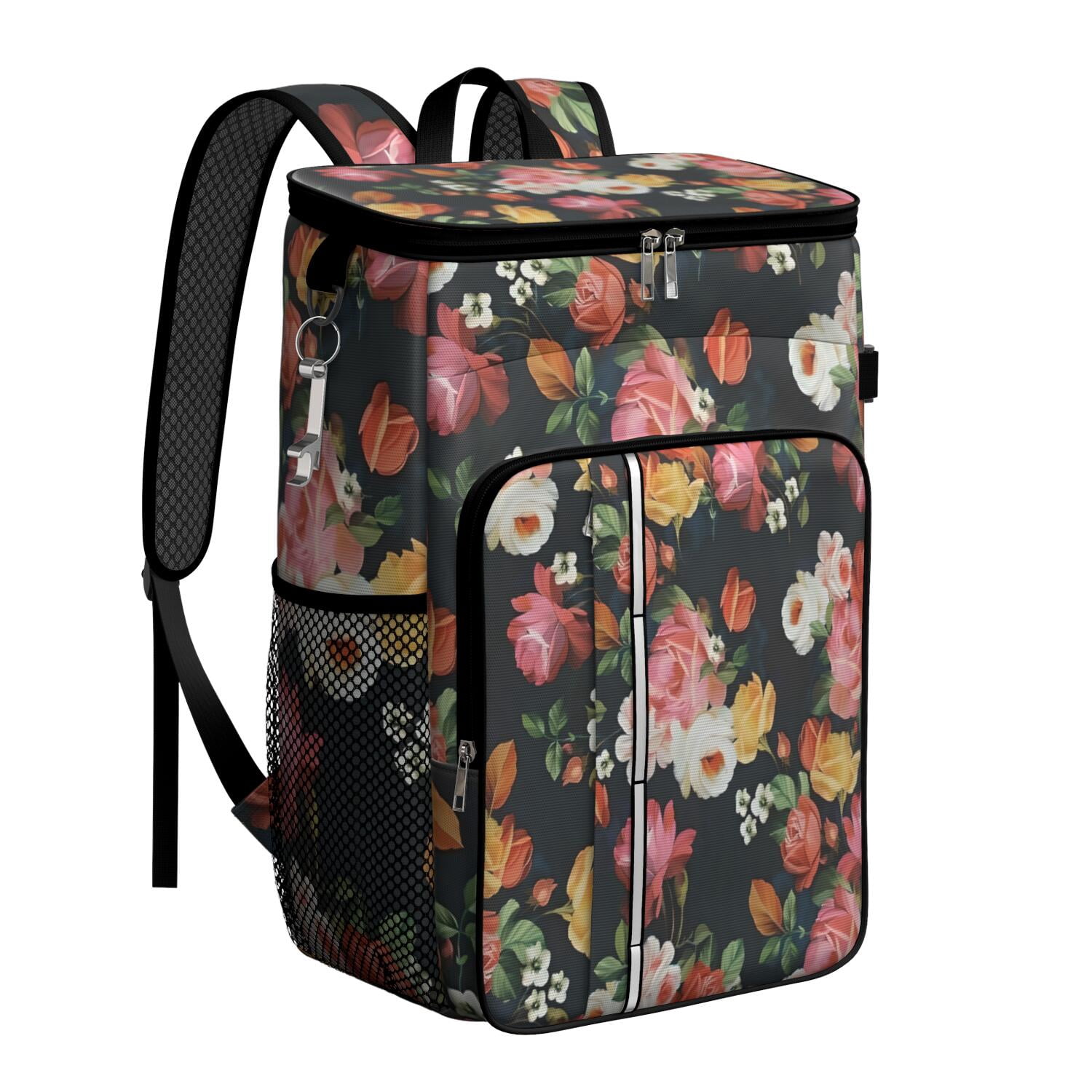 Travel Cooler Bag - Pioneer Flower Floral Print Pattern Camping Beer Cooler Backpack with Bottle Opener- Waterproof Insulated Picnic Backpacks - Cooler Bag for Beach