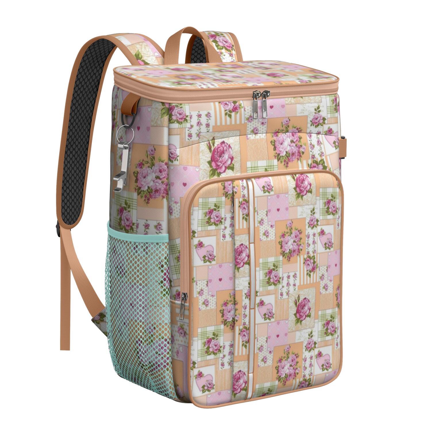 Travel Cooler Bag - Pioneer Flower Floral Print Pattern Camping Beer Cooler Backpack with Bottle Opener- Waterproof Insulated Picnic Backpacks - Cooler Bag for Beach