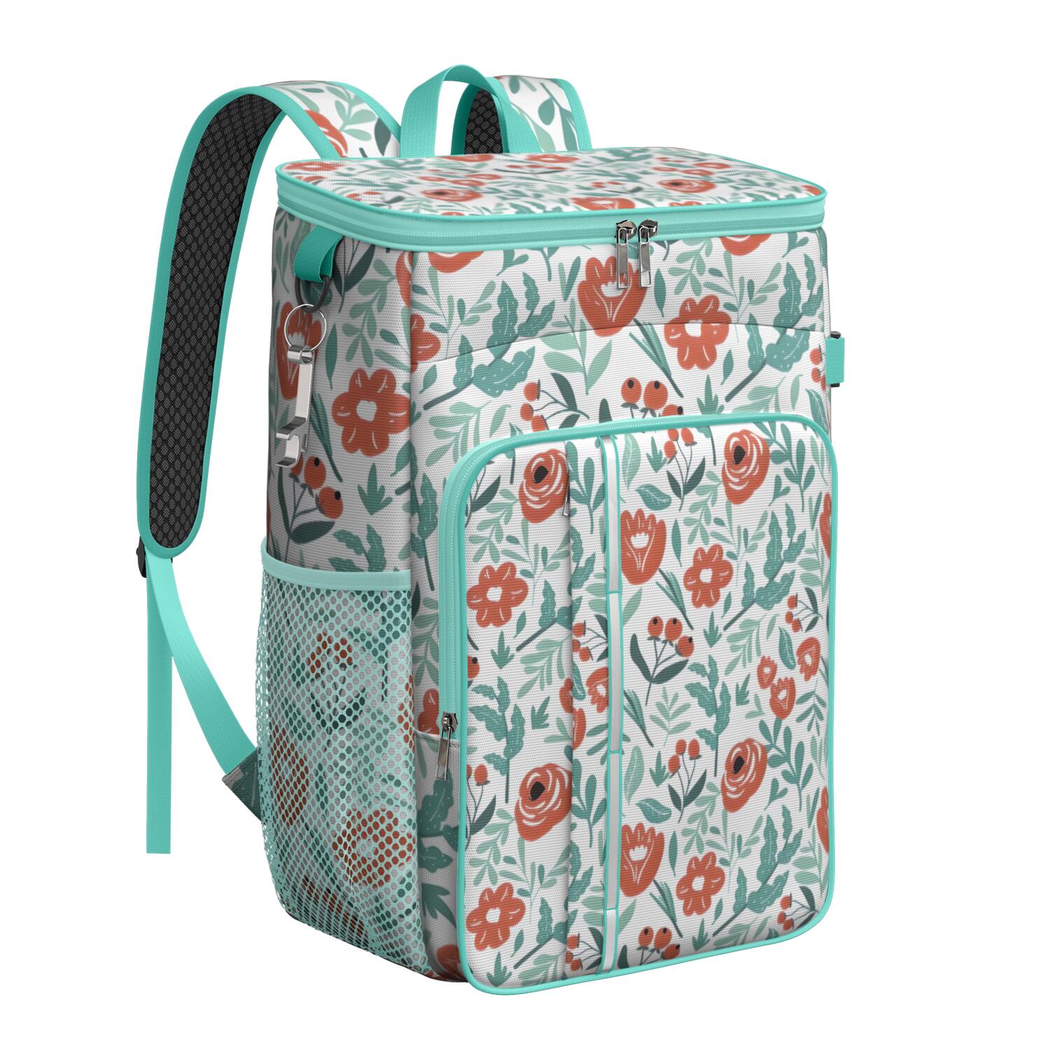 Travel Cooler Bag - Pioneer Flower Floral Print Pattern Camping Beer Cooler Backpack with Bottle Opener- Waterproof Insulated Picnic Backpacks - Cooler Bag for Beach
