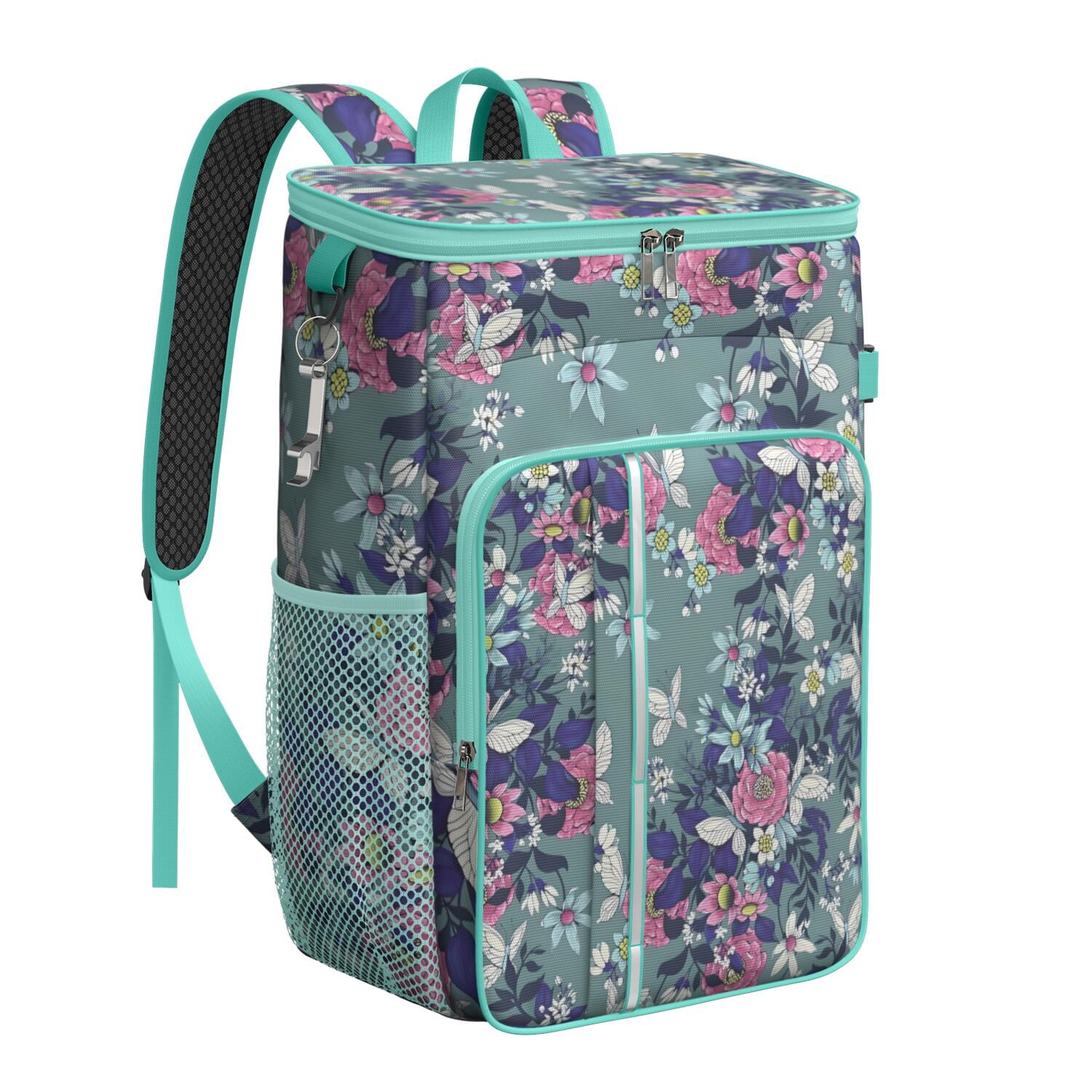 Travel Cooler Bag - Pioneer Flower Floral Print Pattern Camping Beer Cooler Backpack with Bottle Opener- Waterproof Insulated Picnic Backpacks - Cooler Bag for Beach