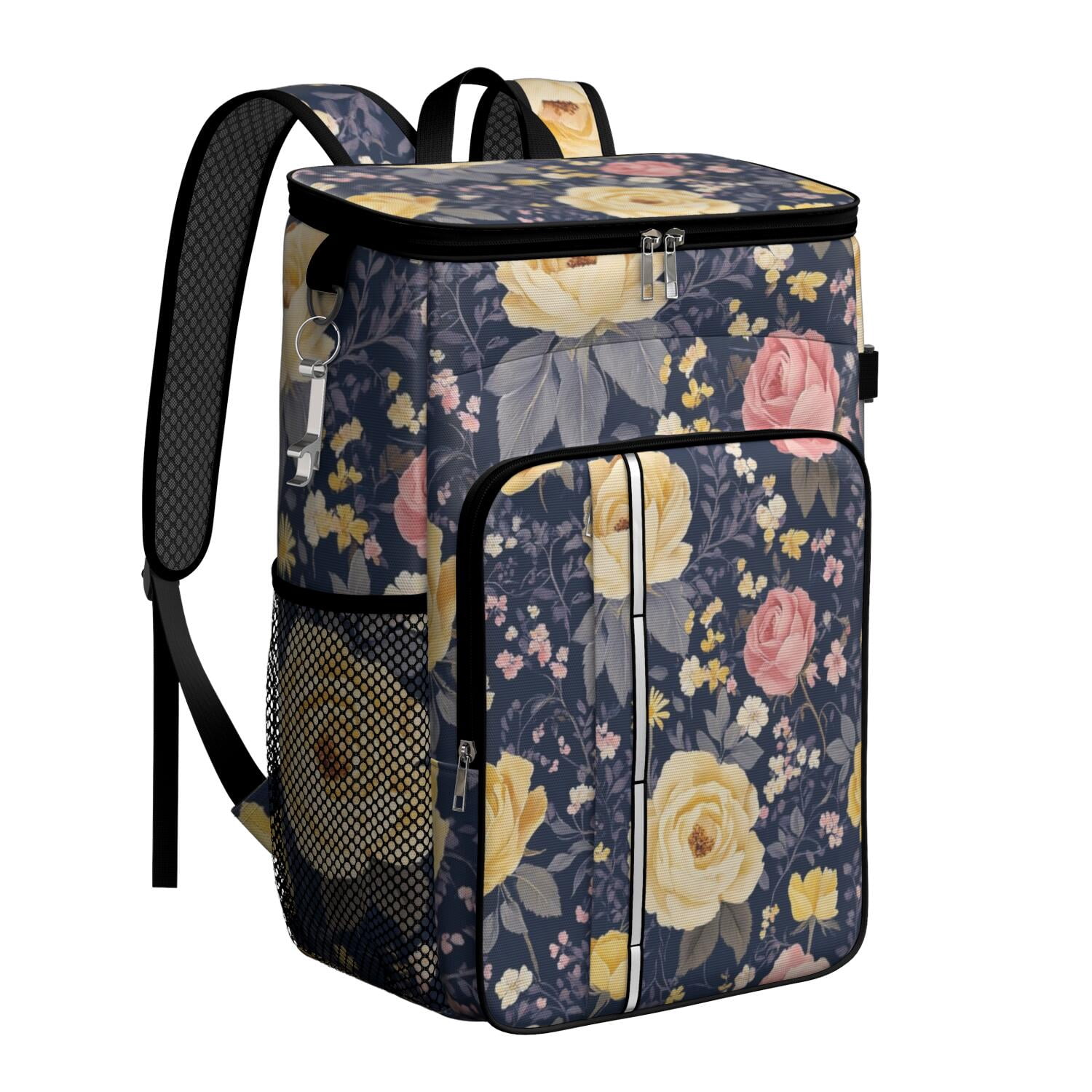 Travel Cooler Bag - Pioneer Flower Floral Print Pattern Camping Beer Cooler Backpack with Bottle Opener- Waterproof Insulated Picnic Backpacks - Cooler Bag for Beach