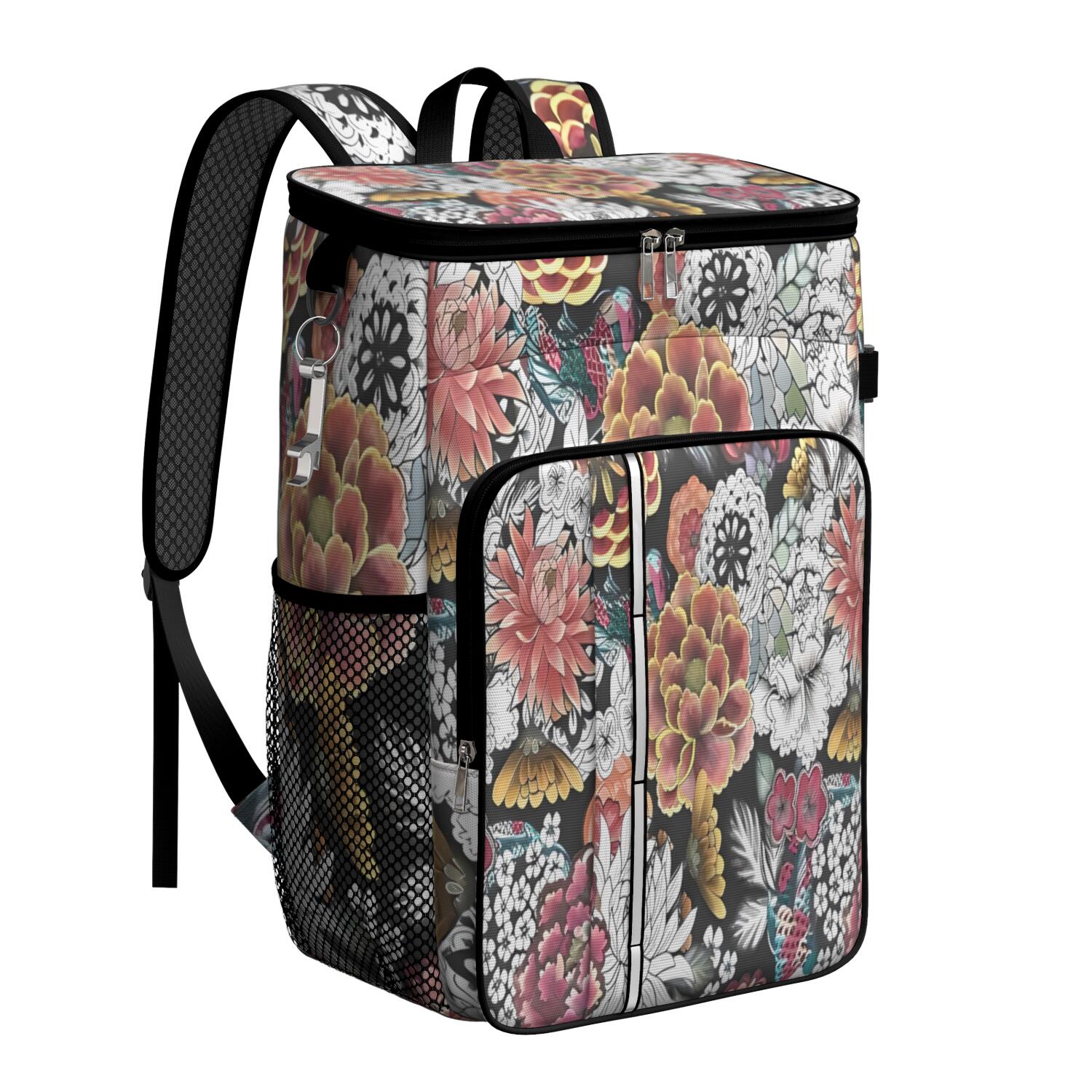 Travel Cooler Bag - Pioneer Flower Floral Print Pattern Camping Beer Cooler Backpack with Bottle Opener- Waterproof Insulated Picnic Backpacks - Cooler Bag for Beach