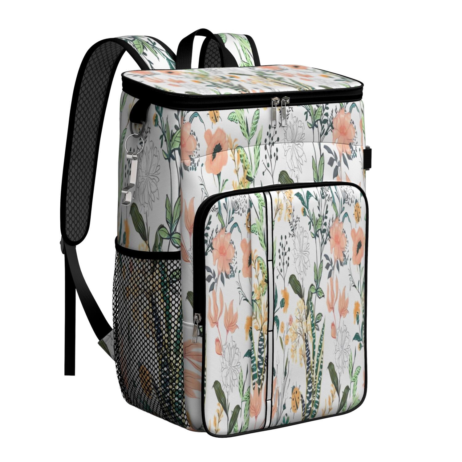 Travel Cooler Bag - Pioneer Flower Floral Print Pattern Camping Beer Cooler Backpack with Bottle Opener- Waterproof Insulated Picnic Backpacks - Cooler Bag for Beach