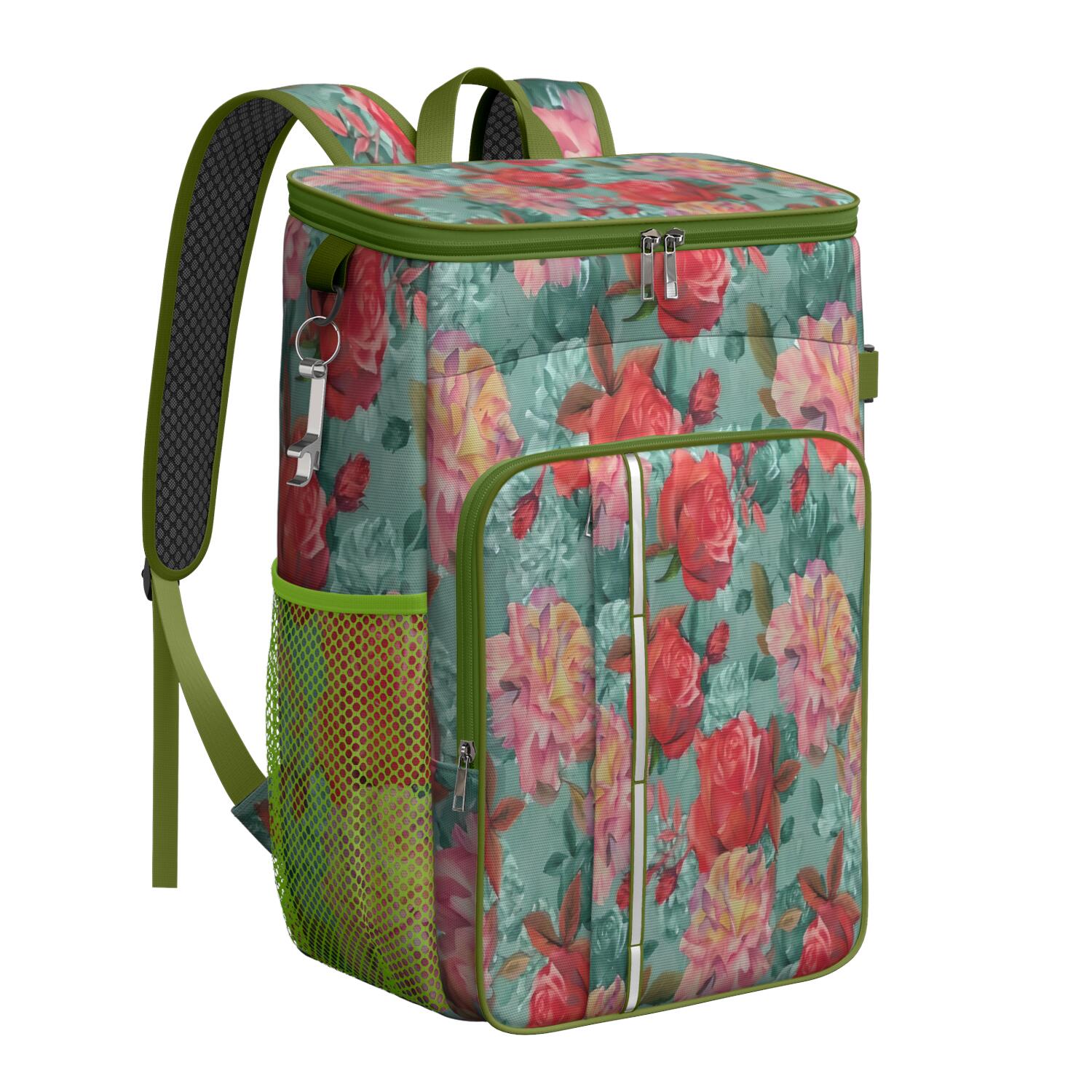 Travel Cooler Bag - Pioneer Flower Floral Print Pattern Camping Beer Cooler Backpack with Bottle Opener- Waterproof Insulated Picnic Backpacks - Cooler Bag for Beach
