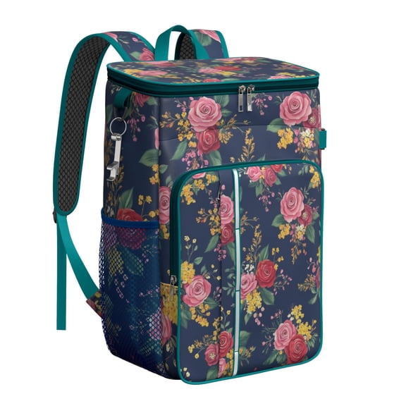 Travel Cooler Bag - Pioneer Flower Floral Print Pattern Camping Beer Cooler Backpack with Bottle Opener- Waterproof Insulated Picnic Backpacks - Cooler Bag for Beach