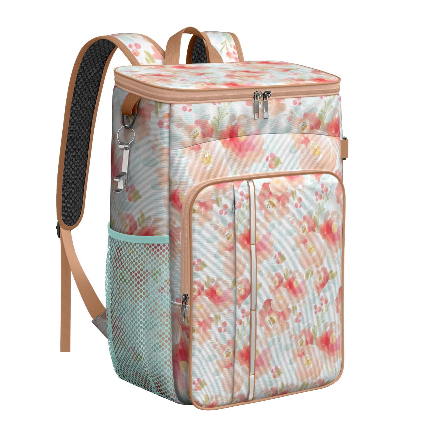 Travel Cooler Bag - Pioneer Flower Floral Print Pattern Camping Beer Cooler Backpack with Bottle Opener- Waterproof Insulated Picnic Backpacks - Cooler Bag for Beach