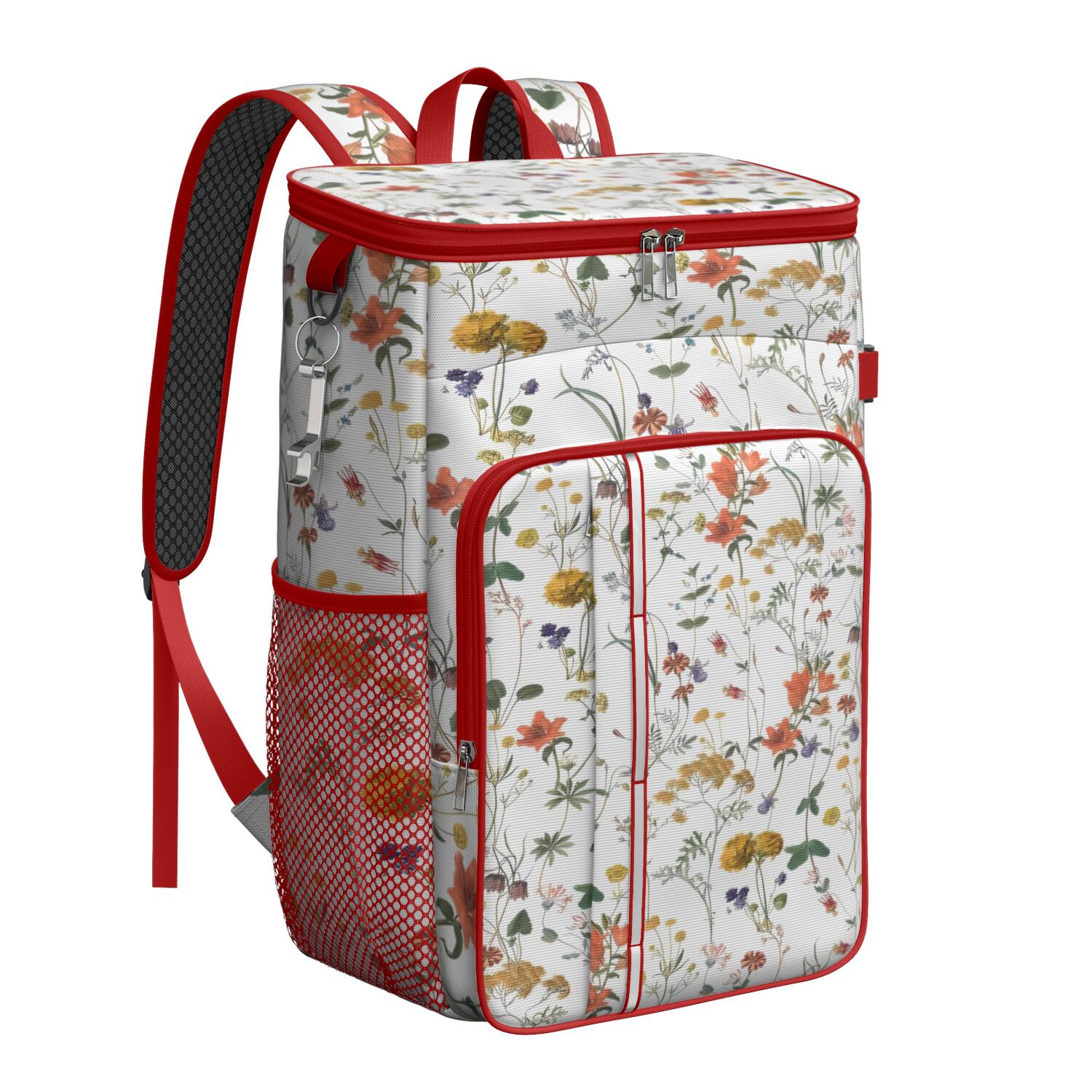 Travel Cooler Bag - Pioneer Flower Floral Print Pattern Camping Beer Cooler Backpack with Bottle Opener- Waterproof Insulated Picnic Backpacks - Cooler Bag for Beach