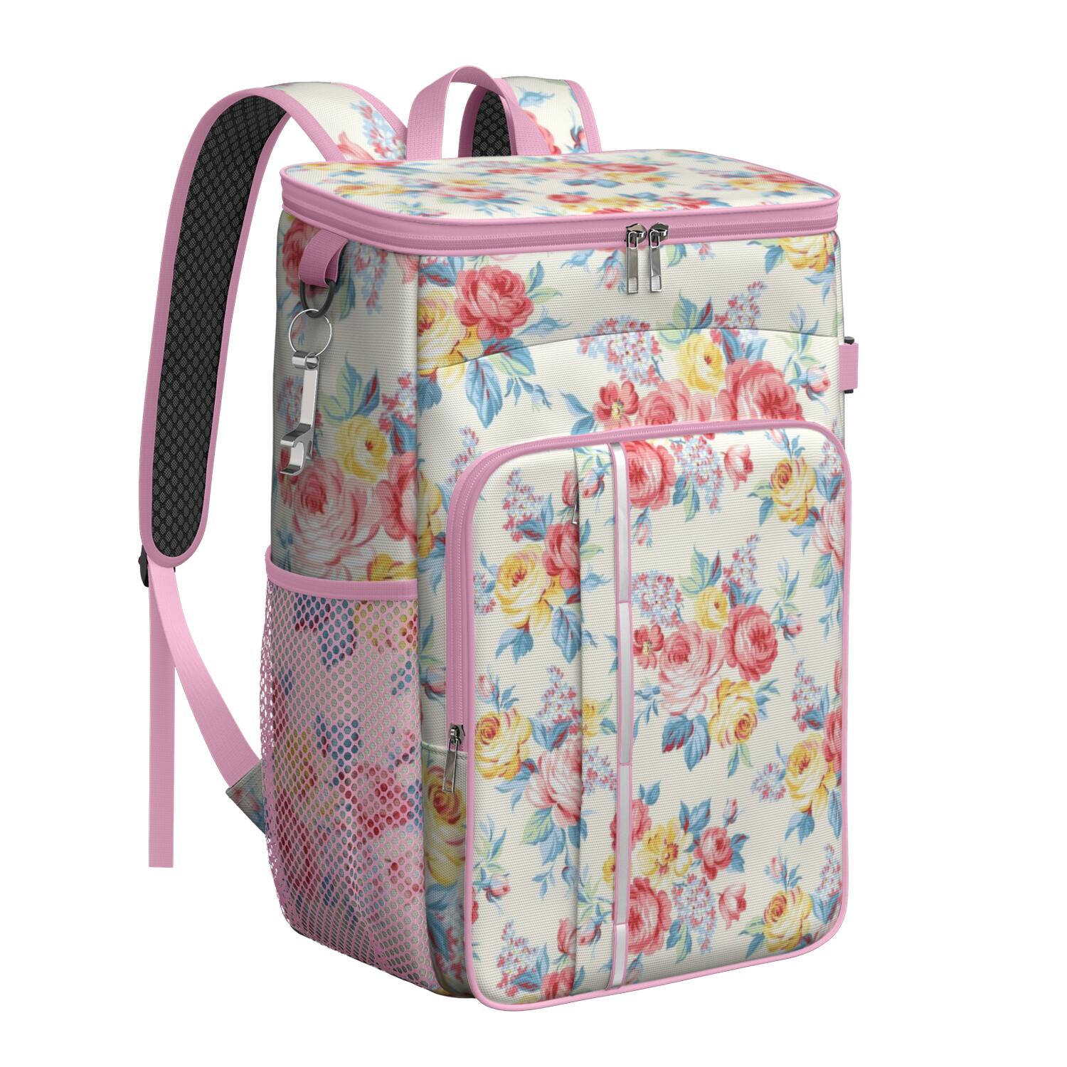 Travel Cooler Bag - Pioneer Flower Floral Print Pattern Camping Beer Cooler Backpack with Bottle Opener- Waterproof Insulated Picnic Backpacks - Cooler Bag for Beach