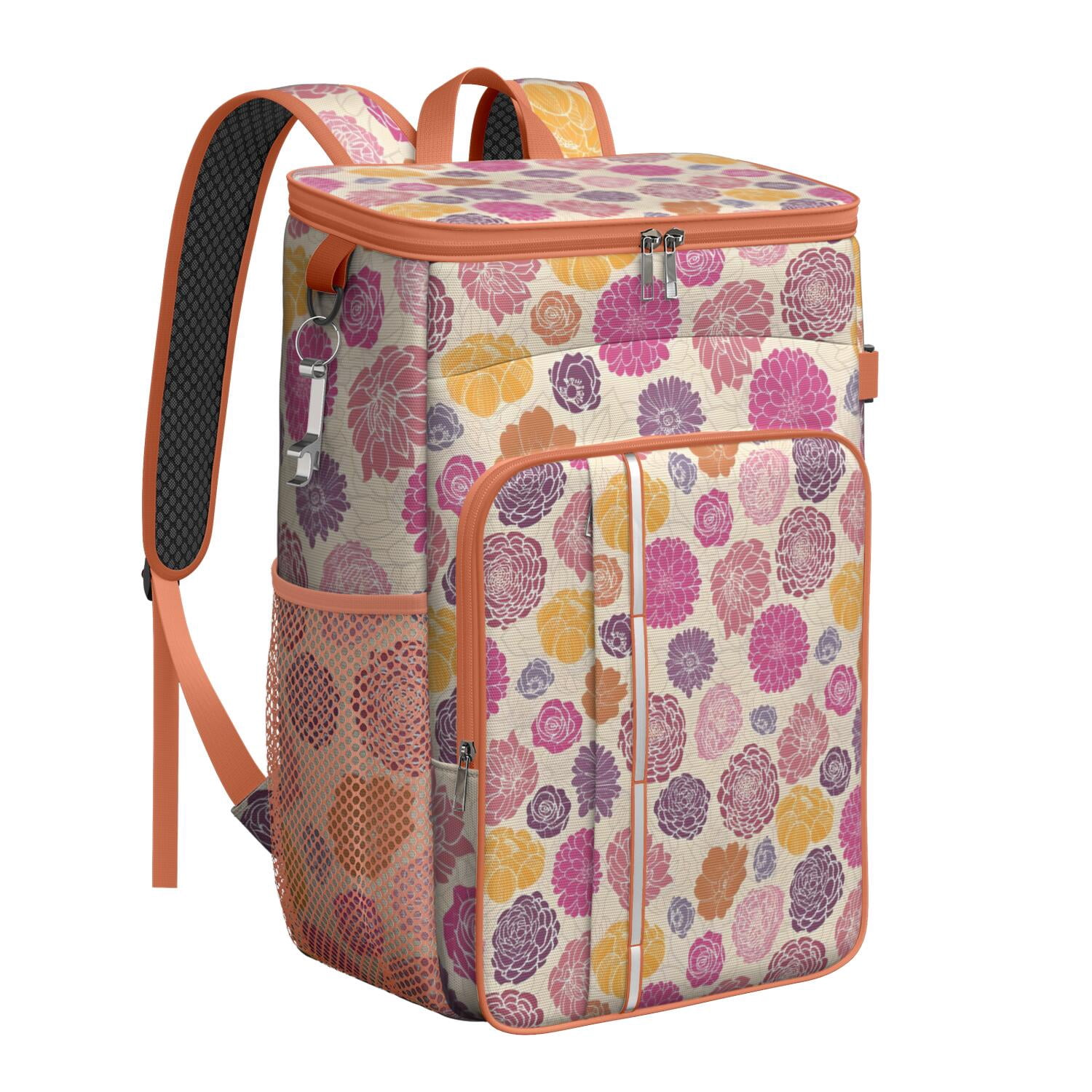 Travel Cooler Bag - Pioneer Flower Floral Print Pattern Camping Beer Cooler Backpack with Bottle Opener- Waterproof Insulated Picnic Backpacks - Cooler Bag for Beach