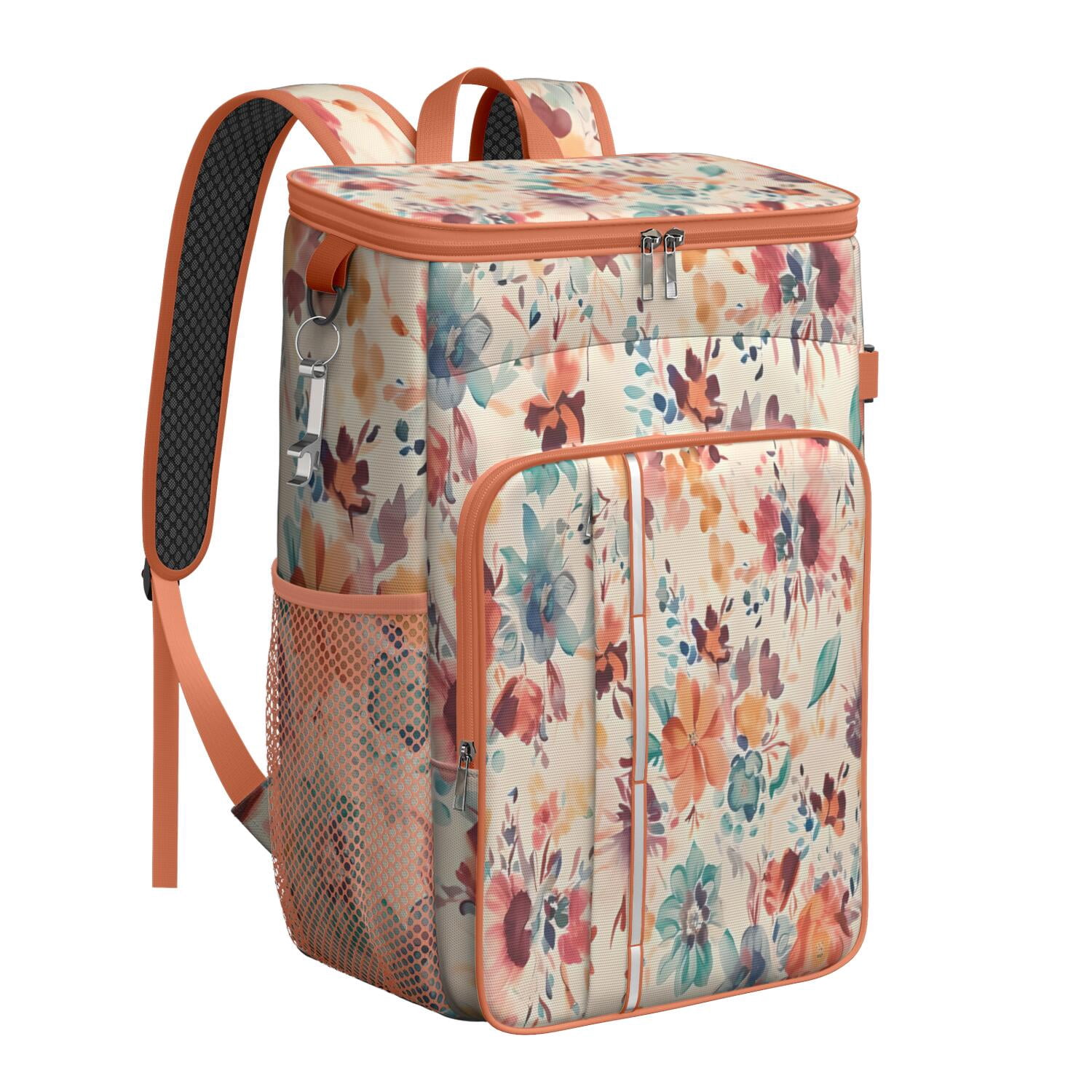 Travel Cooler Bag - Pioneer Flower Floral Print Pattern Camping Beer Cooler Backpack with Bottle Opener- Waterproof Insulated Picnic Backpacks - Cooler Bag for Beach