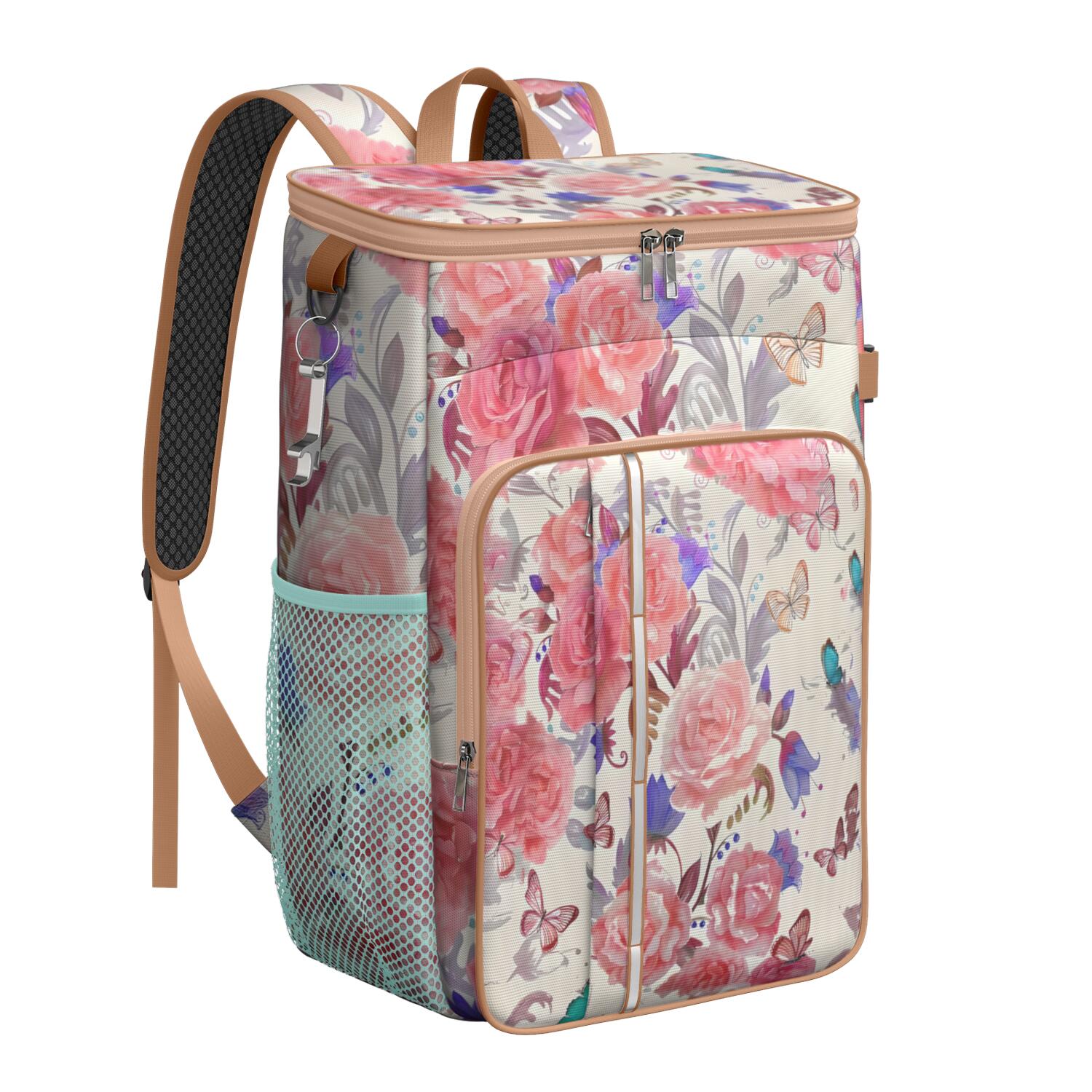 Travel Cooler Bag - Pioneer Flower Floral Print Pattern Camping Beer Cooler Backpack with Bottle Opener- Waterproof Insulated Picnic Backpacks - Cooler Bag for Beach