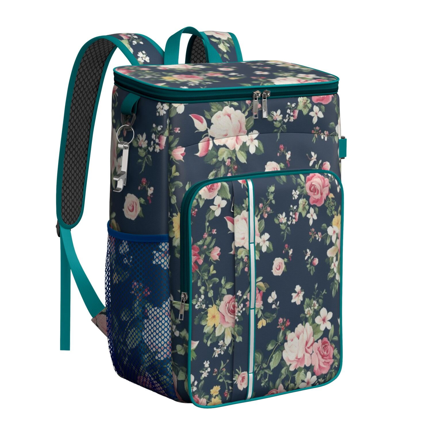 Travel Cooler Bag - Pioneer Flower Floral Print Pattern Camping Beer Cooler Backpack with Bottle Opener- Waterproof Insulated Picnic Backpacks - Cooler Bag for Beach
