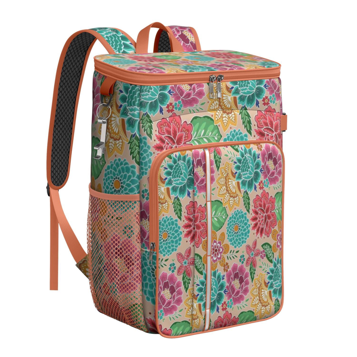 Travel Cooler Bag - Pioneer Flower Floral Print Pattern Camping Beer Cooler Backpack with Bottle Opener- Waterproof Insulated Picnic Backpacks - Cooler Bag for Beach