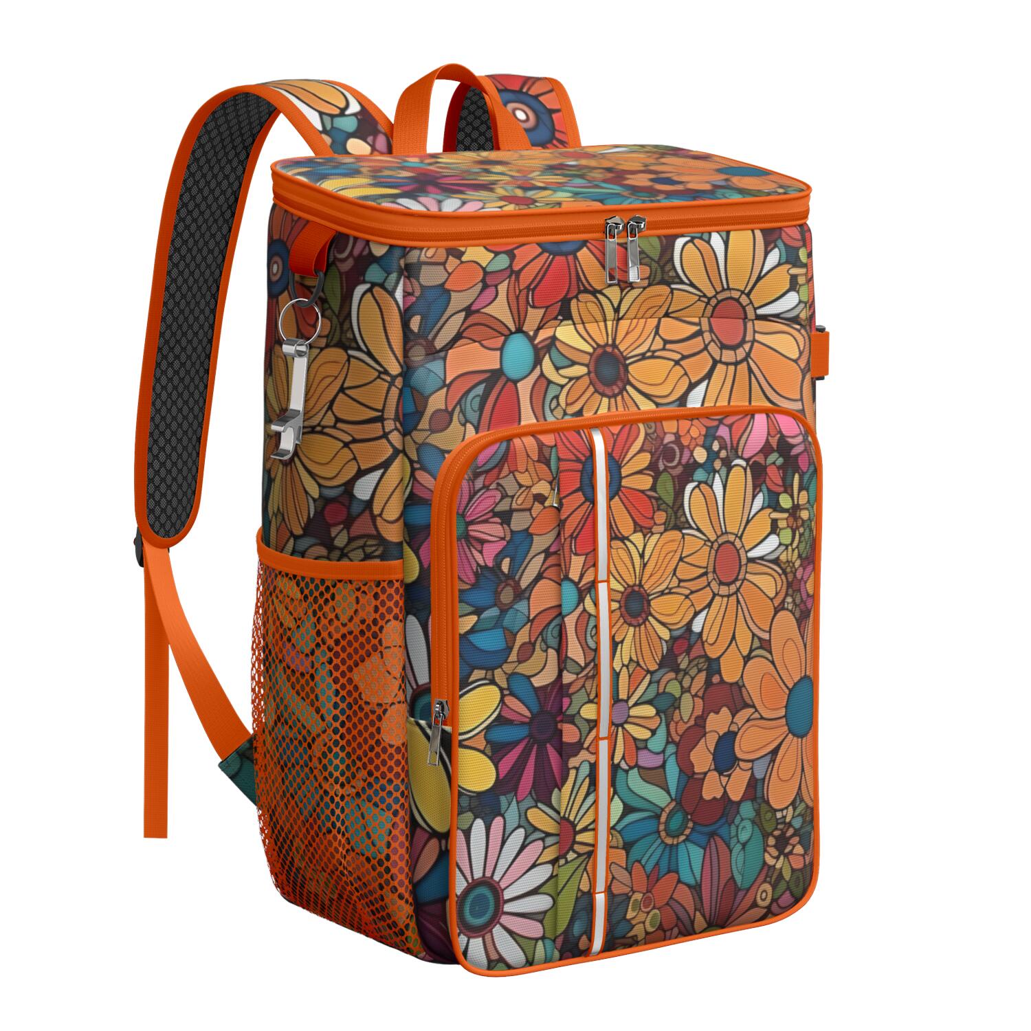 Travel Cooler Bag - Pioneer Flower Floral Print Pattern Camping Beer Cooler Backpack with Bottle Opener- Waterproof Insulated Picnic Backpacks - Cooler Bag for Beach