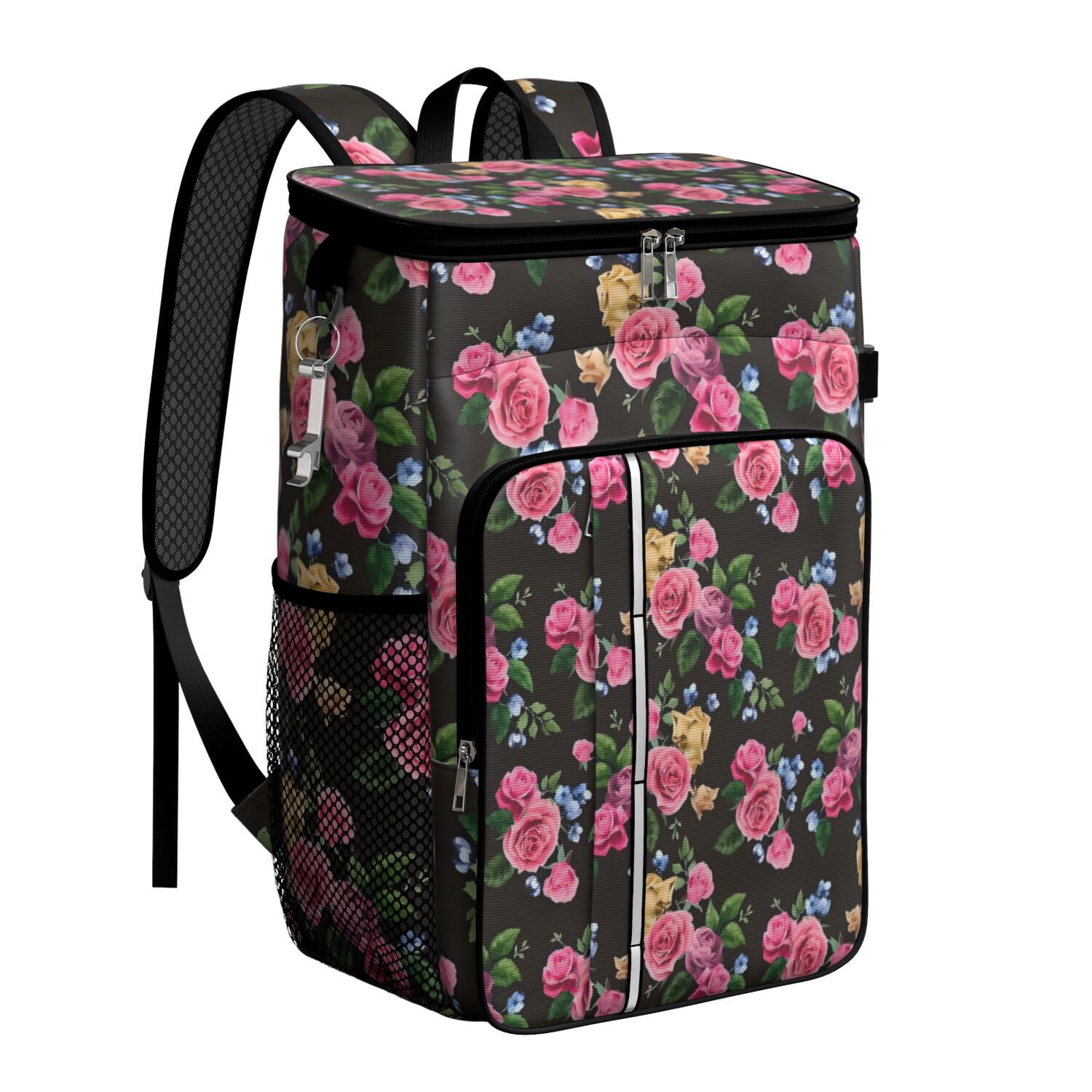 Travel Cooler Bag - Pioneer Flower Floral Print Pattern Camping Beer Cooler Backpack with Bottle Opener- Waterproof Insulated Picnic Backpacks - Cooler Bag for Beach